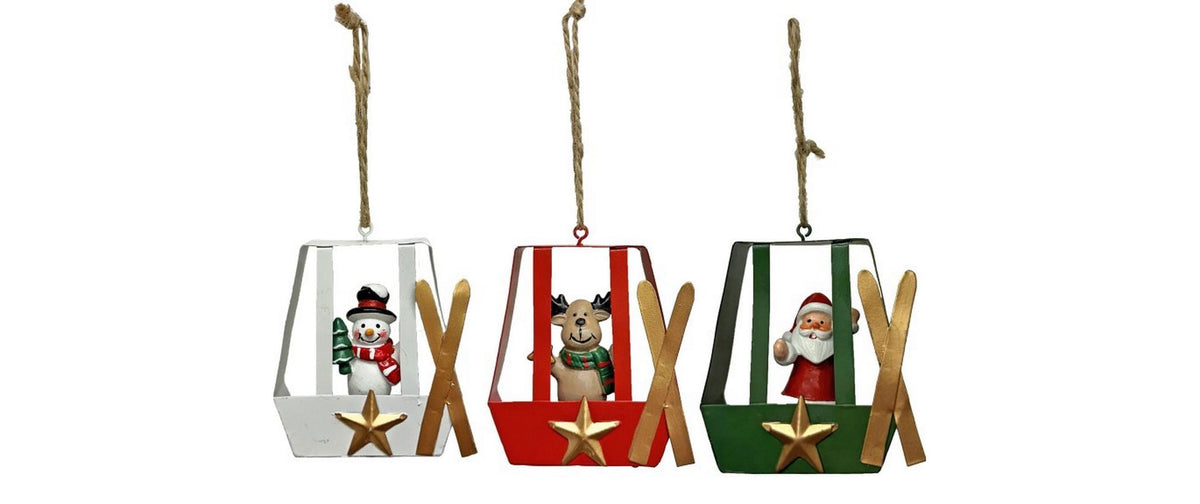 Dameco Anhänger Gondel, 3er Set Rentier,Schneemann, Santa,Metall,7x2.5x8 cm