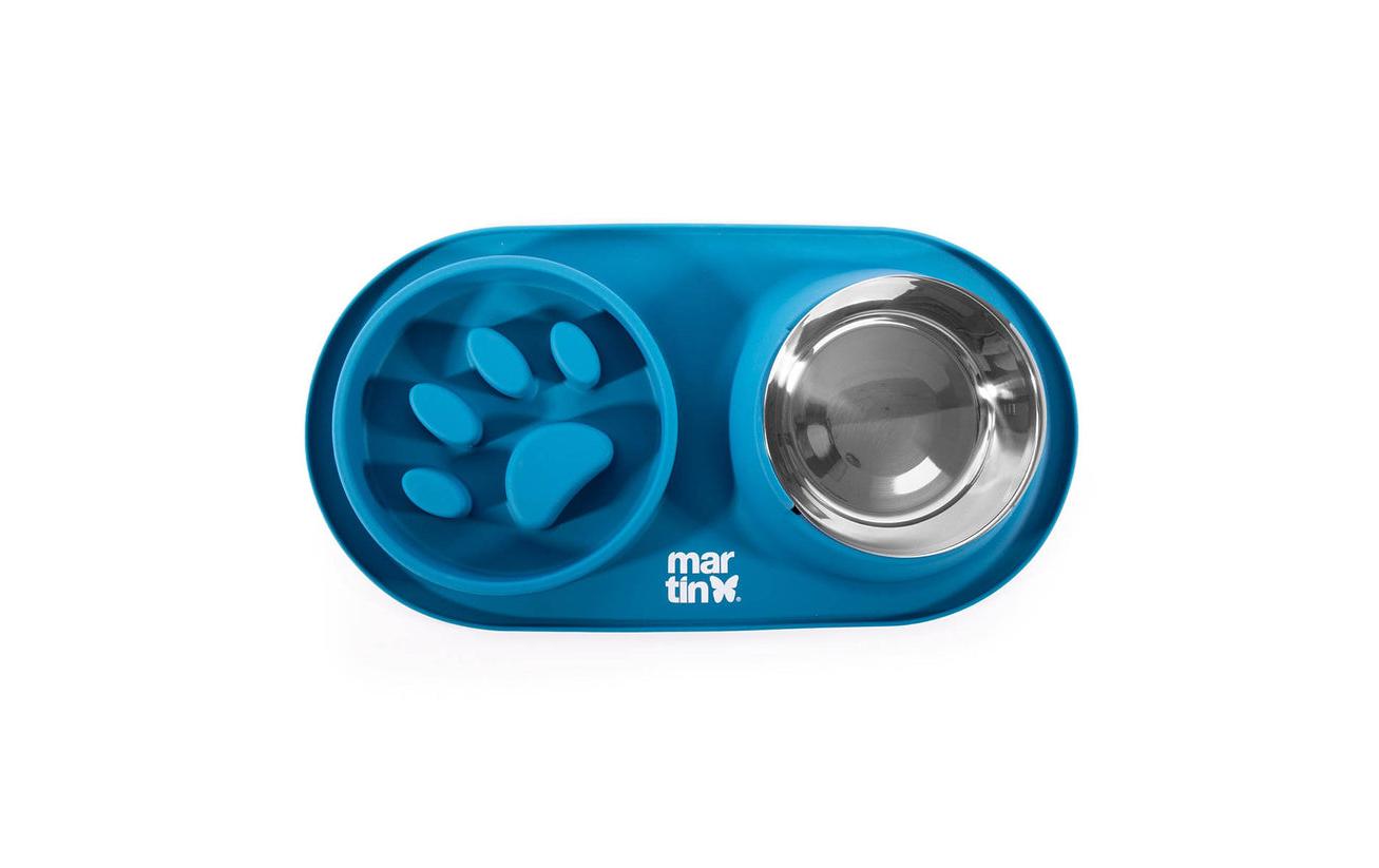 Martin Sellier Doppelnapf Slowfeeder blau Silikon, Edelstahl, 42 x 22 x 5 cm