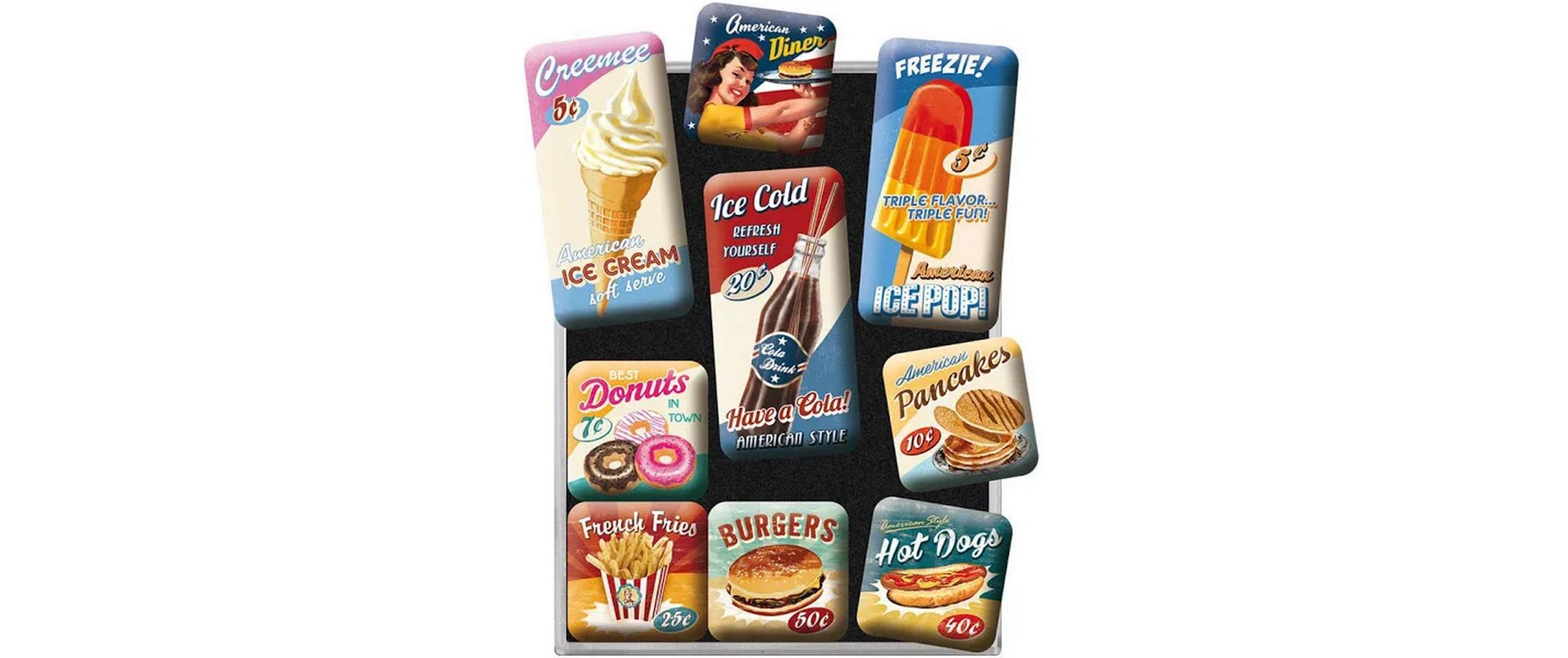 Nostalgic Art Magnet-Set American Diner 9 Stück, Gross: 9x7 cm, Klein: 2x3 cm