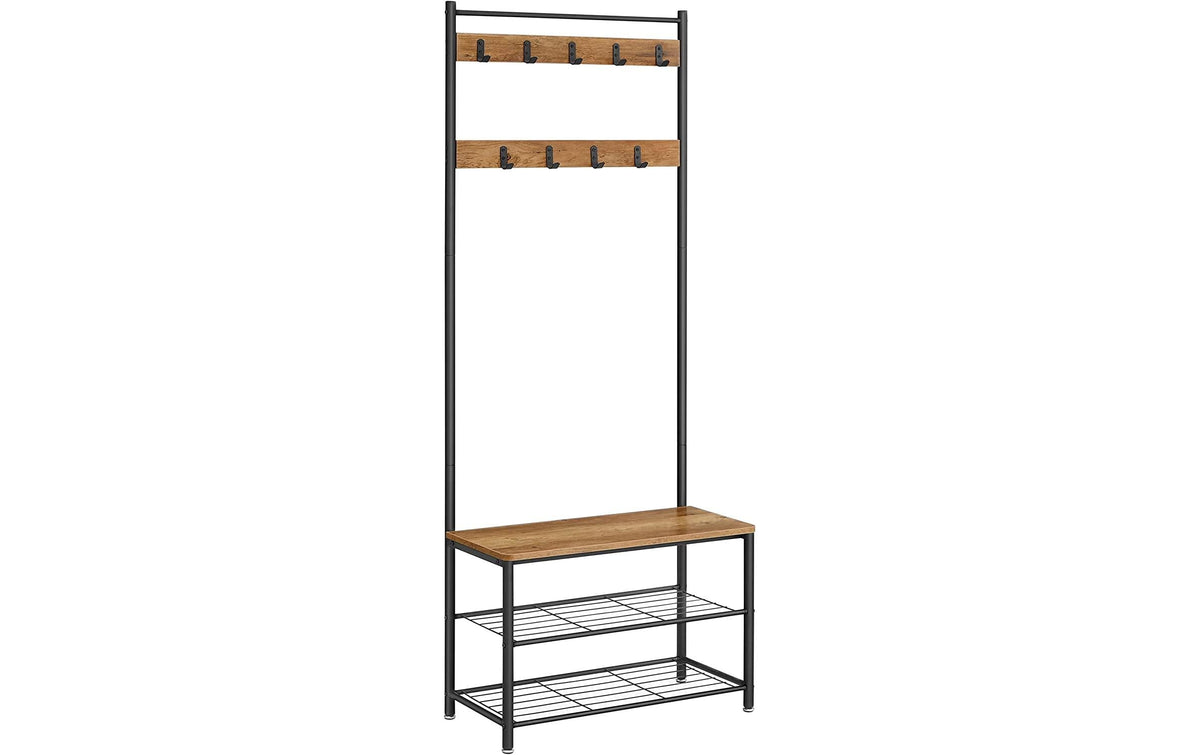 VasagleGarderobe mitSchuhregal,Braun-Schwar 70x32.5x175 cm (BxLxH), Stahl, Holz