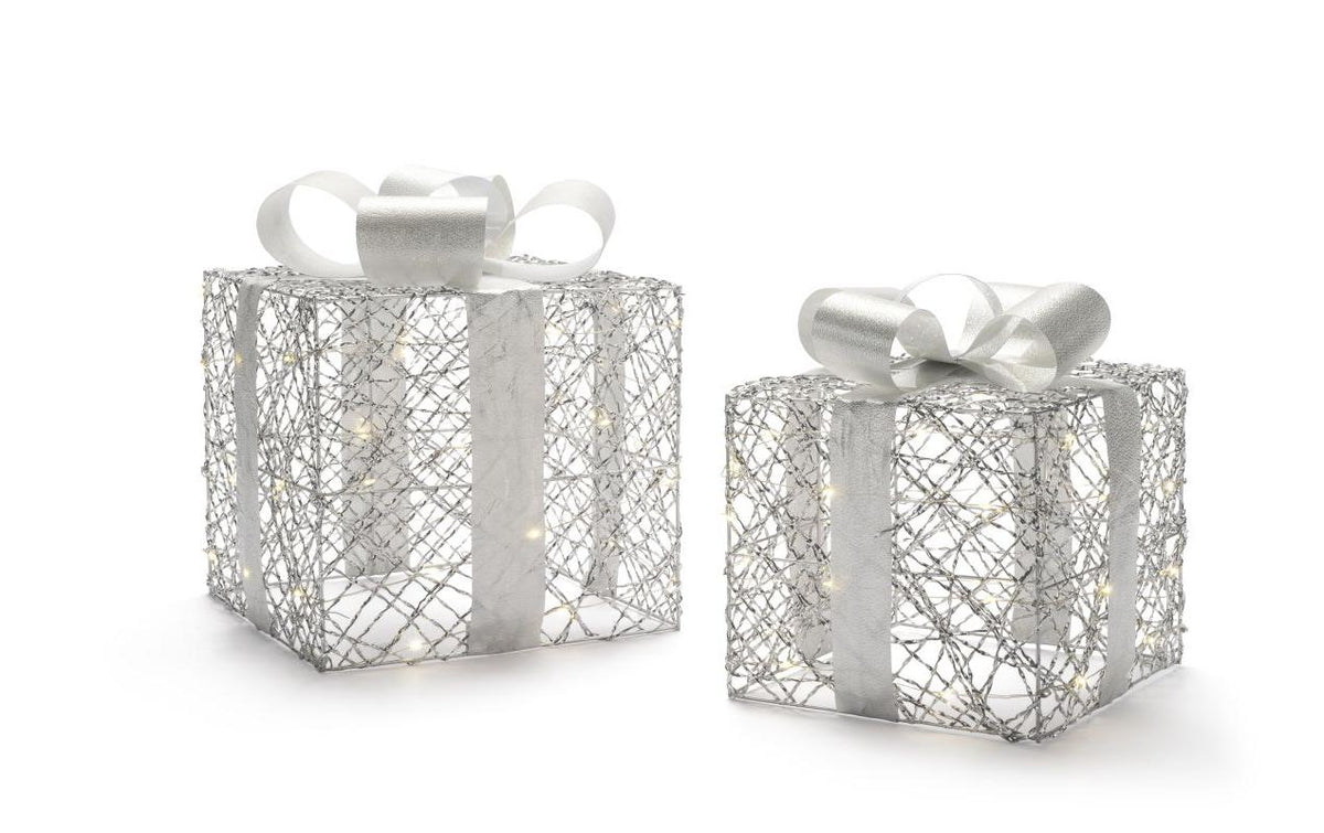 STT LED Silber Geschenkbox Set 2 Stk. 50LED ww, H18/23cm, exkl. 6xAA, Timer 6/18