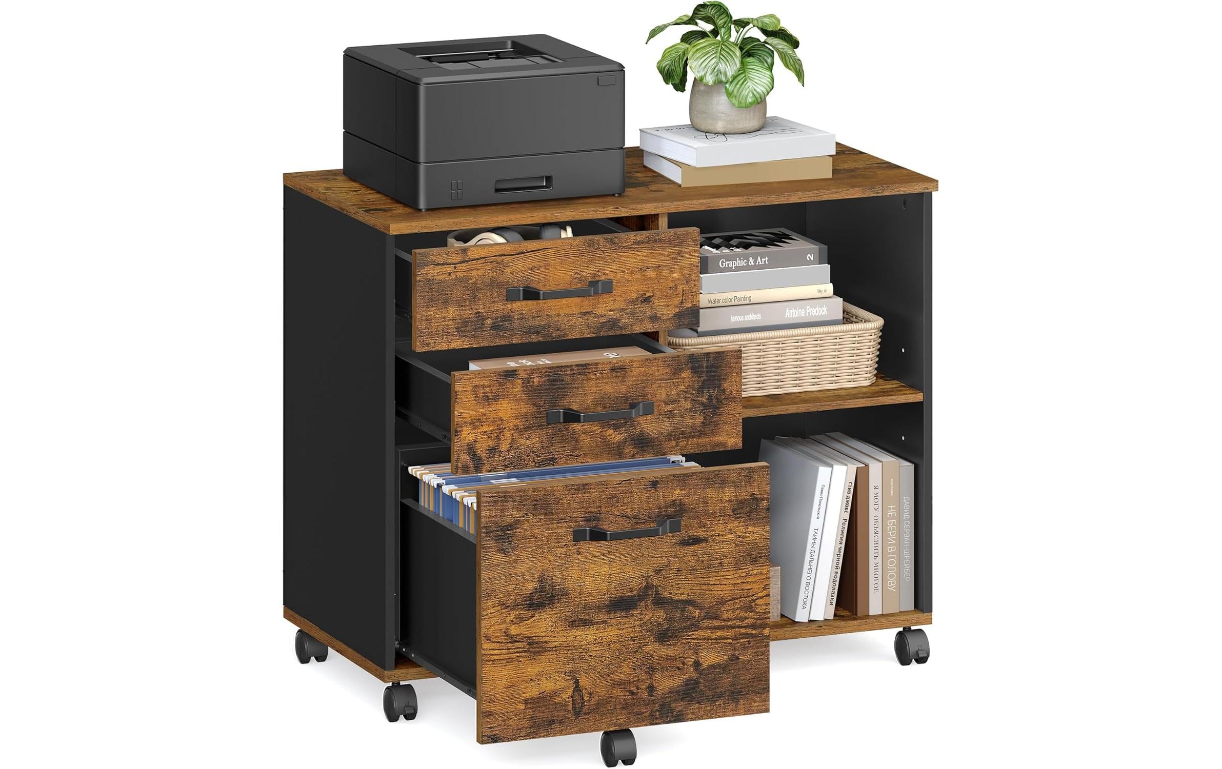 Songmics Rollmöbel vintage-braun 80x40x66cm, mit 3 Schubladen