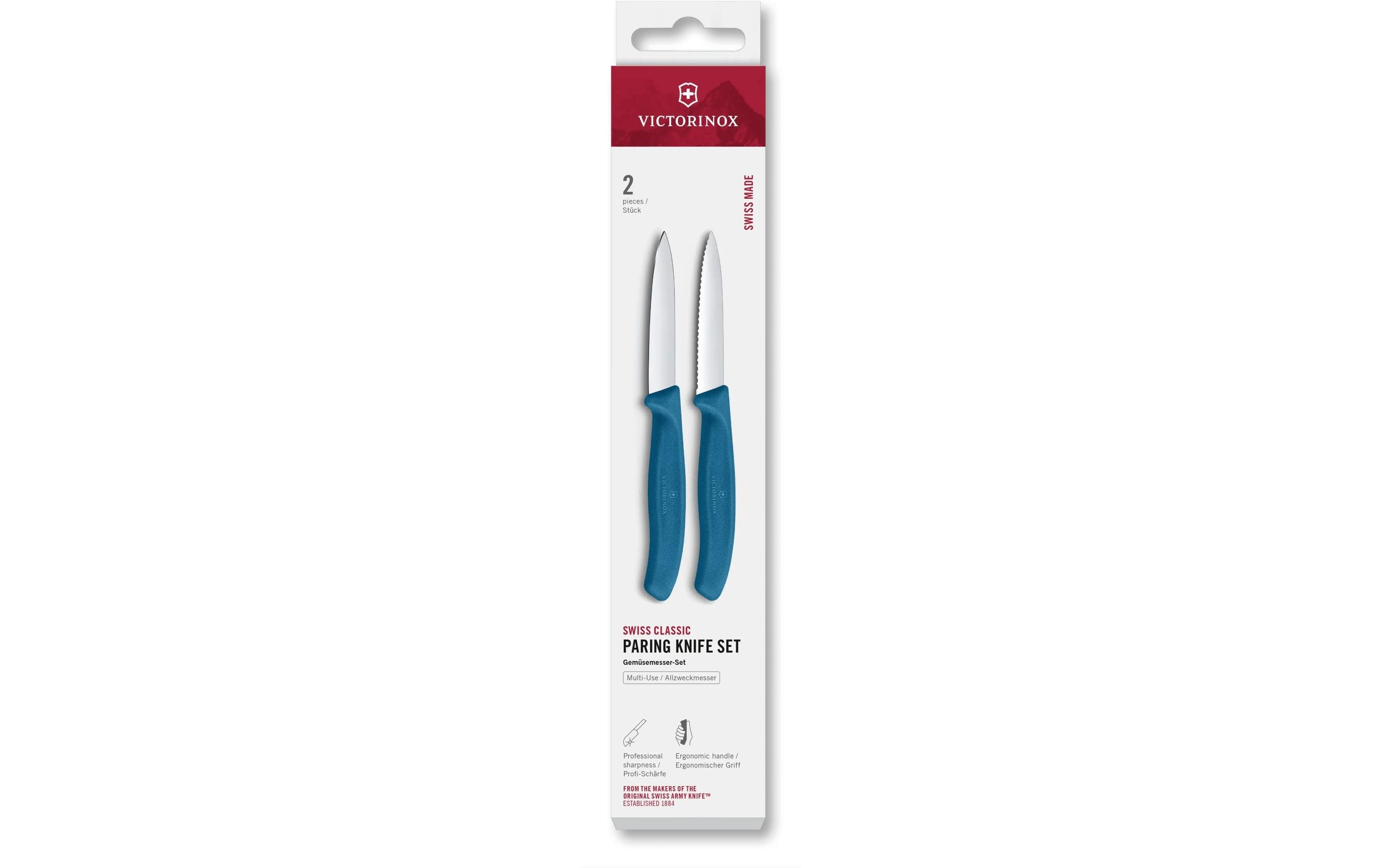 Victorinox Classic Gemüsemesser 8cm blau Set 2tgl, gerader + Wellenschliff Mittelsp.