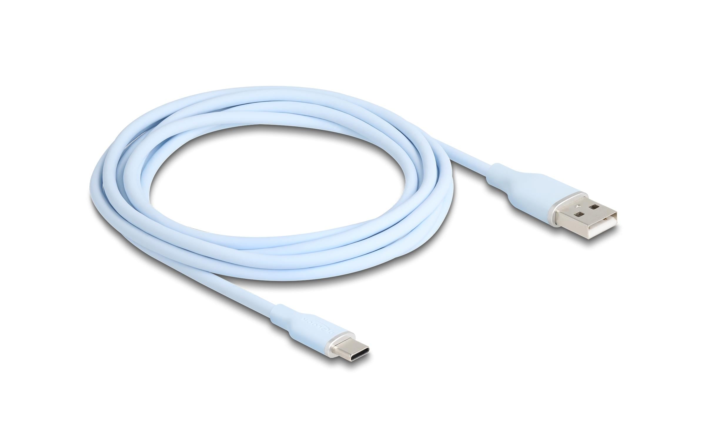 Delock USB-Kabel A-C, 2.5m, Silikon Kabel blau, USB 2.0, 3A