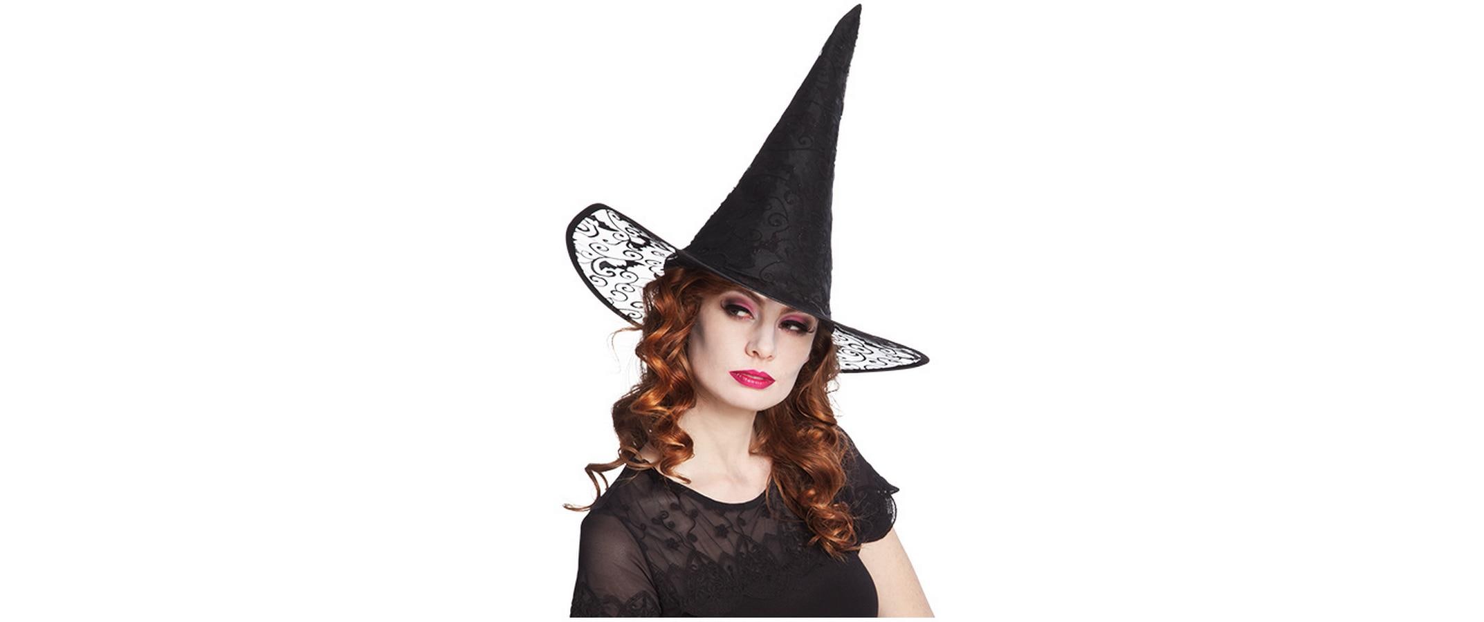 Halloween Hexenhut Kiara schwarz mit Verzierungen