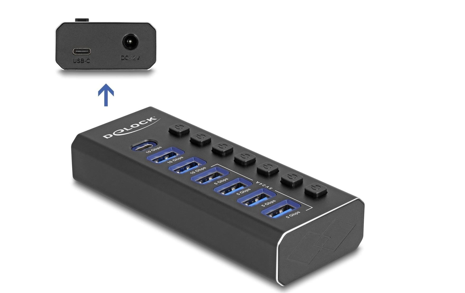 Delock USB-C Hub, 7 Port, schaltbar 1xUSB-C, 6xUSB-A, Beleuchtung