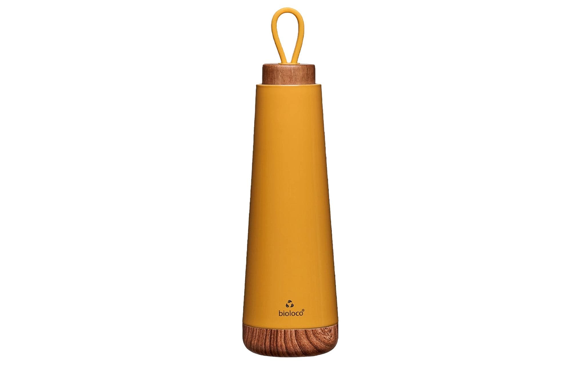 bioloco Thermoflasche Loop-Mustard 500ml , Edelstahl, Holzdeckel