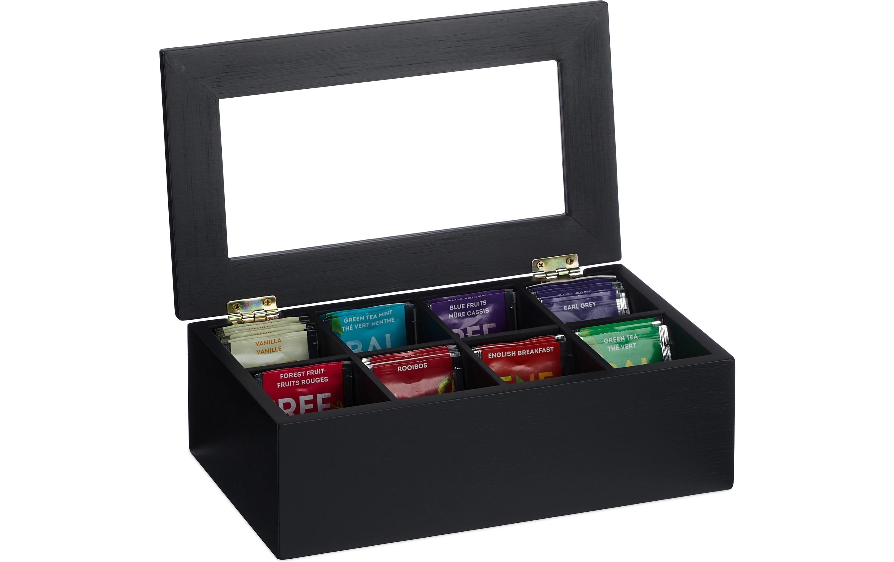 relaxdays Teebeutel-Box Bambus, 8 Fächer, Schwarz