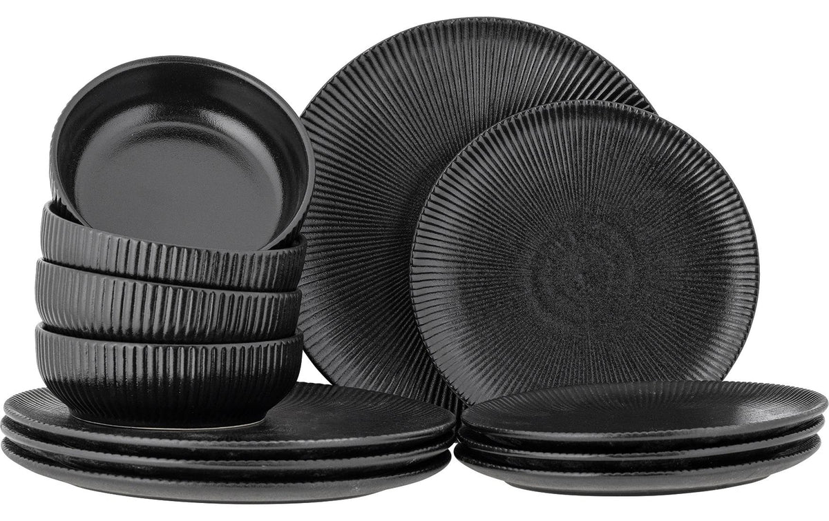 Bloomingville Geschirrset Neri,12teilig Schwarz, Steingut,17x5.5/23x2/29.5x2cm(DxH)