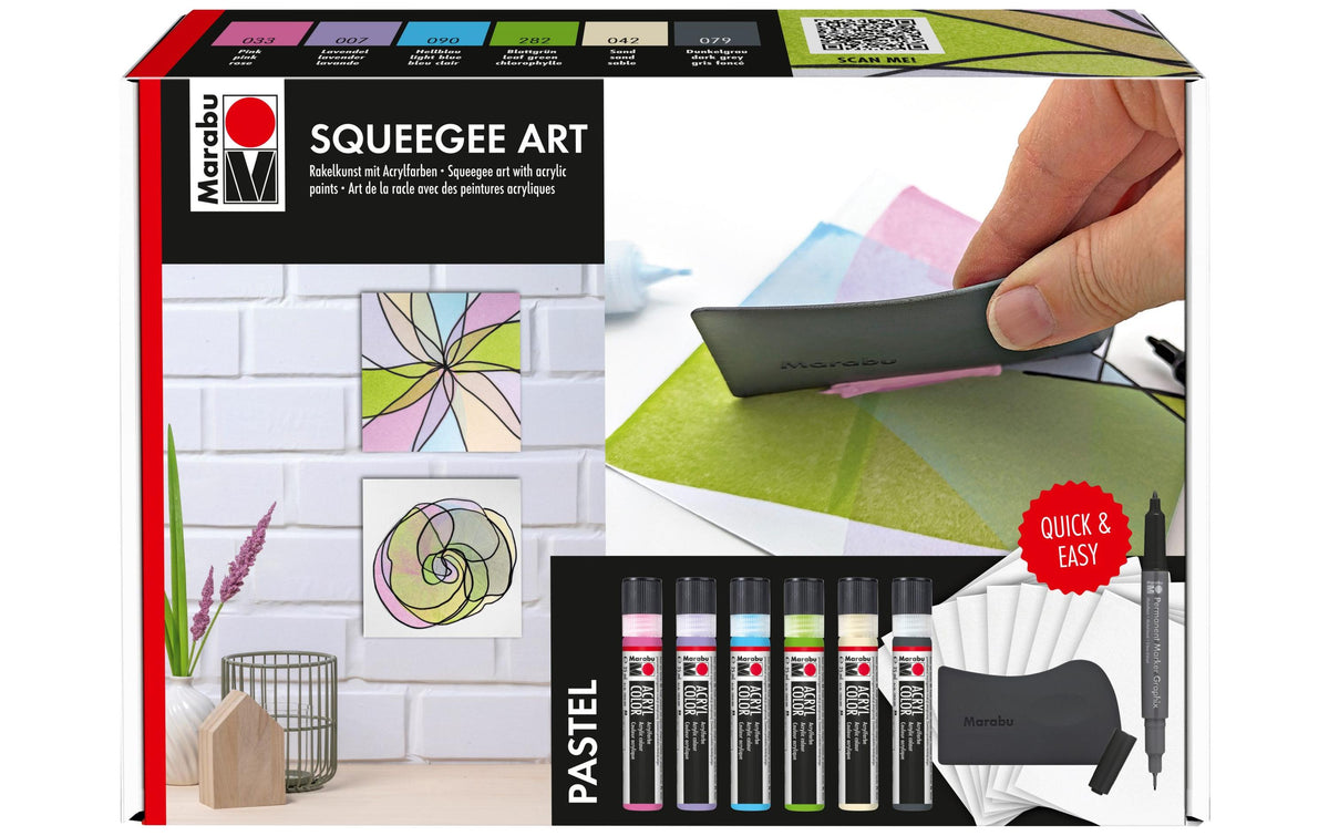 Marabu Squeegee Art Acryl Set Pastell 6x 25ml Acrylfarbe, 10x Acrylpapier, Marker
