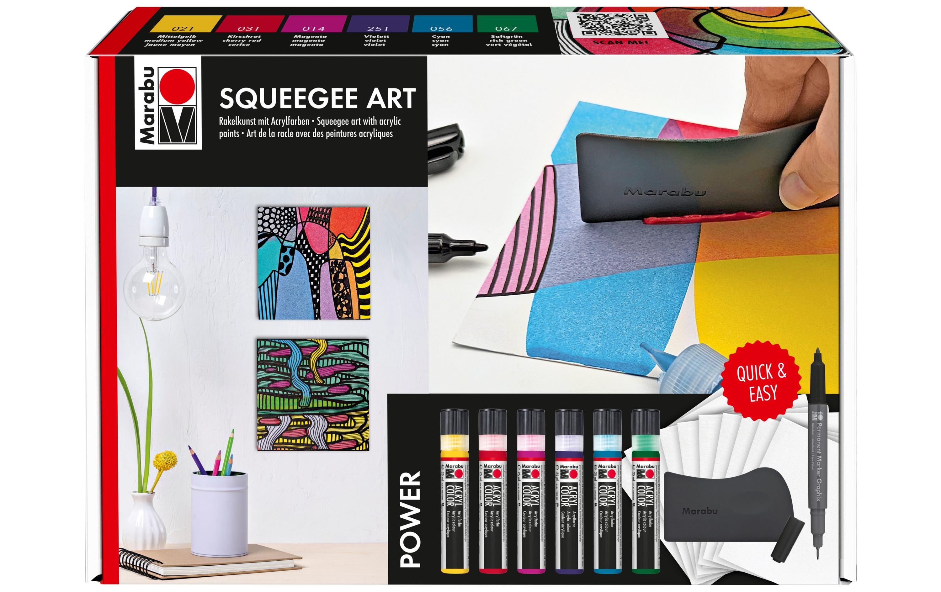 Marabu Squeegee Art Acryl Set Power 6x 25ml Acrylfarbe, 10x Acrylpapier, Marker