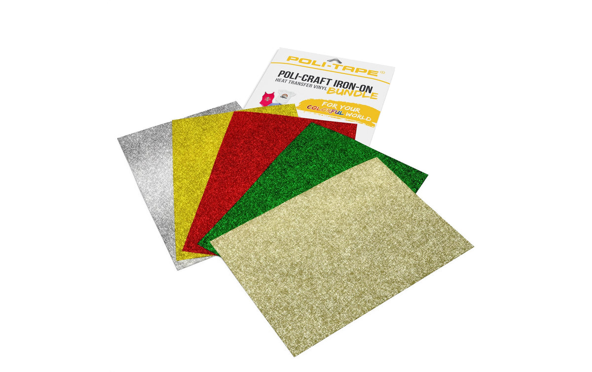 Poli-Tape Aufbügelfolie Set glitter xmas Silber,Gold,Grün,Rot,Champagner A4 Glitter