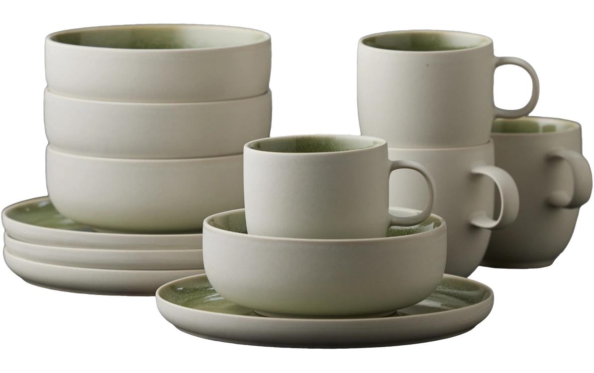 Studio R Brunch-Set North 12 Teile Matte white/Shiny moss Steinzeug