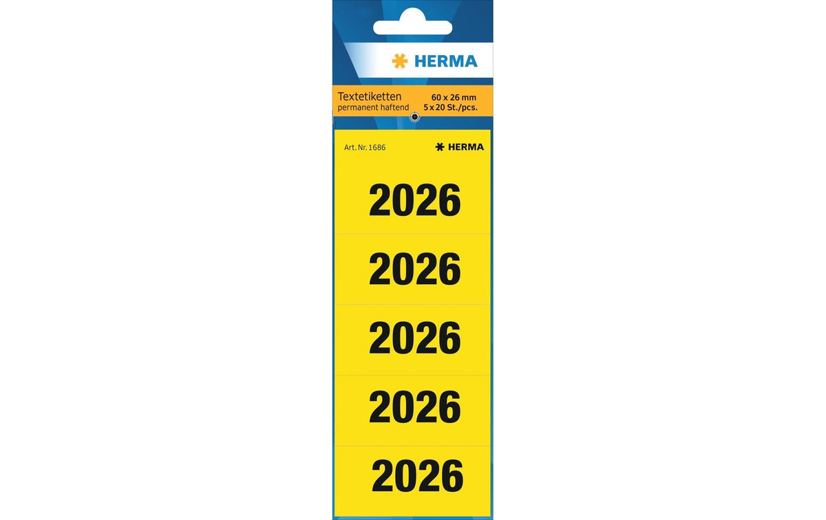 Herma Jahreszahlen für Ordner 2026 100 Etiketten, gelb, 60 x 26 mm