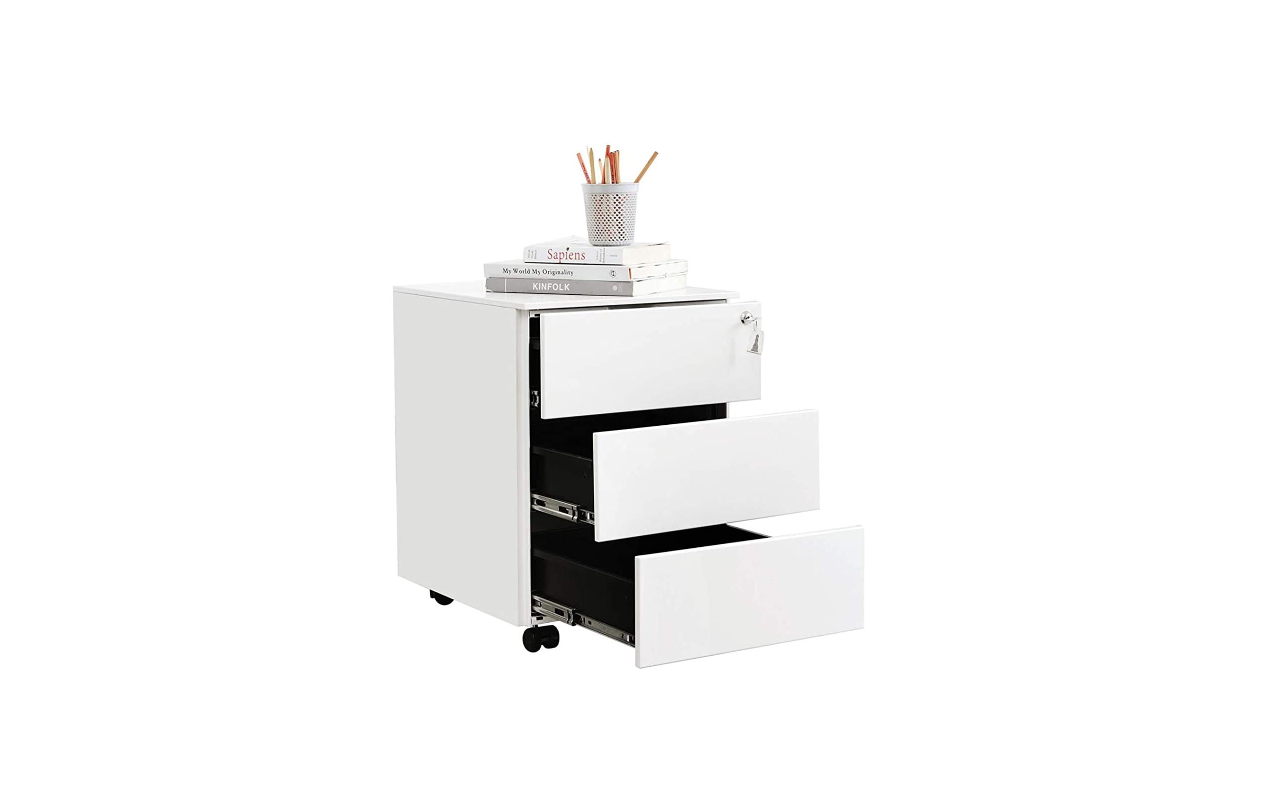 Songmics Rollcontainer weiss, Schloss mit 3 Schubladen, 55x45x39 cm (LxBxH)