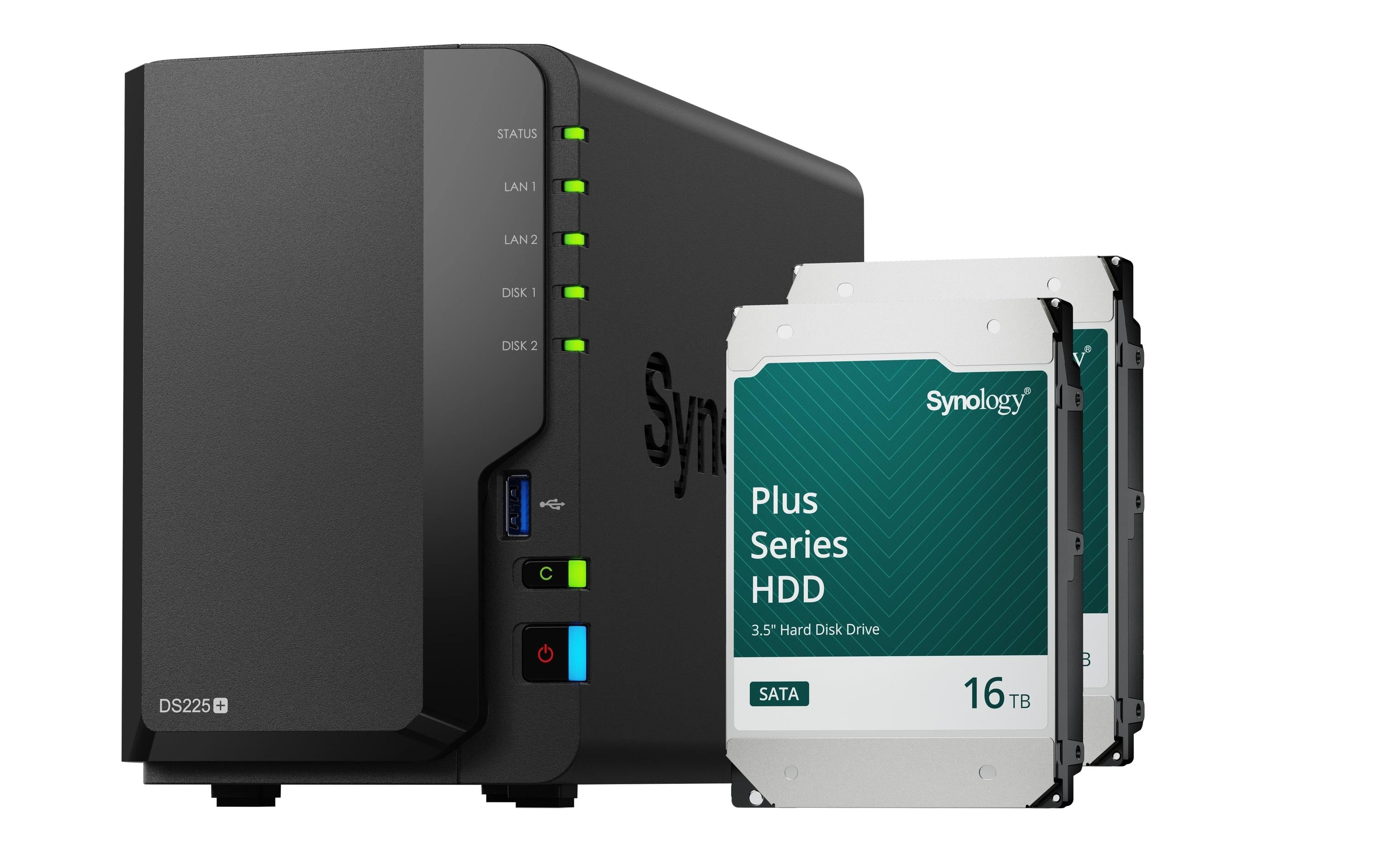 Synology DS225+, 2-bay NAS inkl. 2x 16TB HDD Synology Plus HAT33x