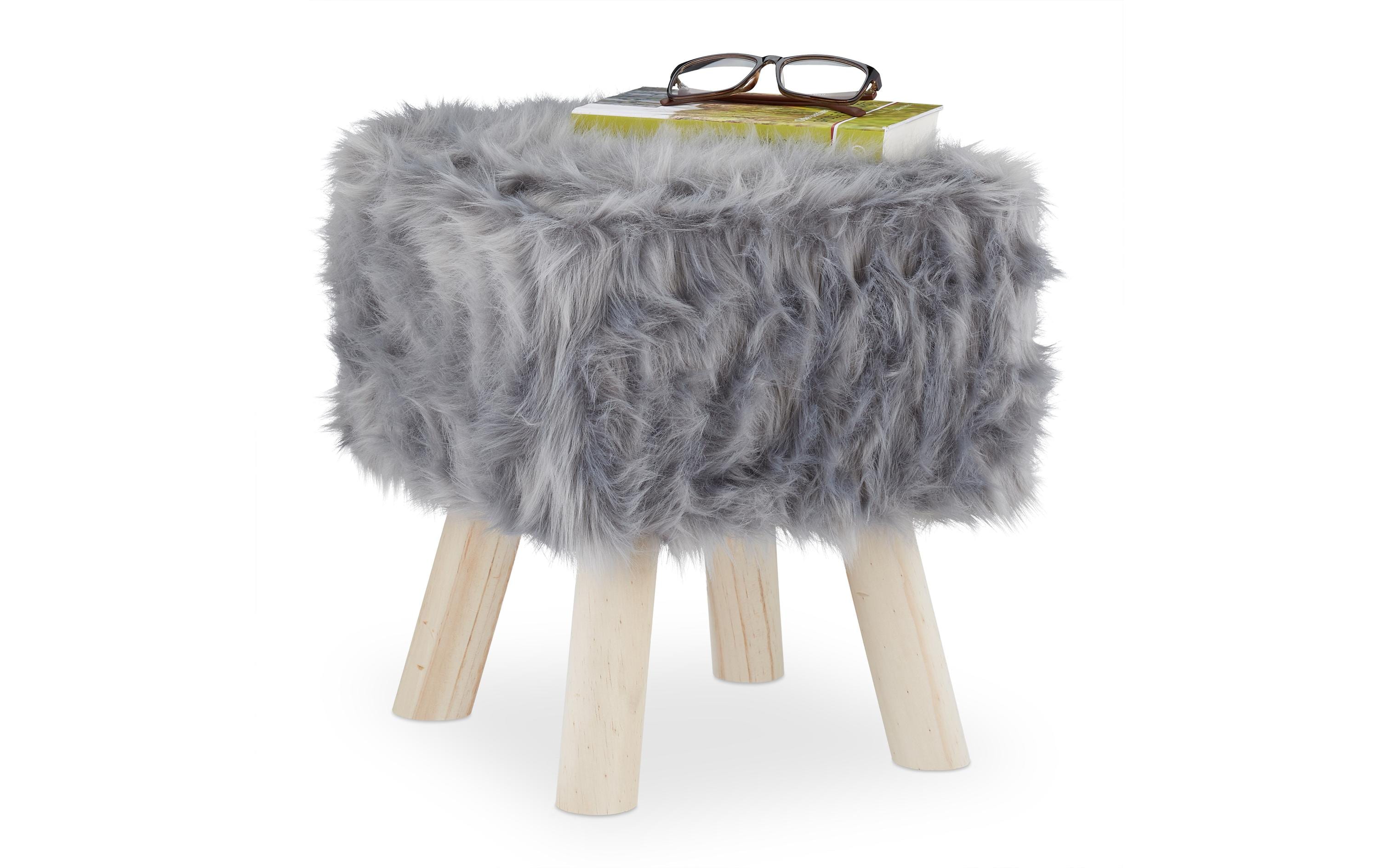 relaxdays Sitzhocker mit Fell MDF, 37 x 32 x 32 cm