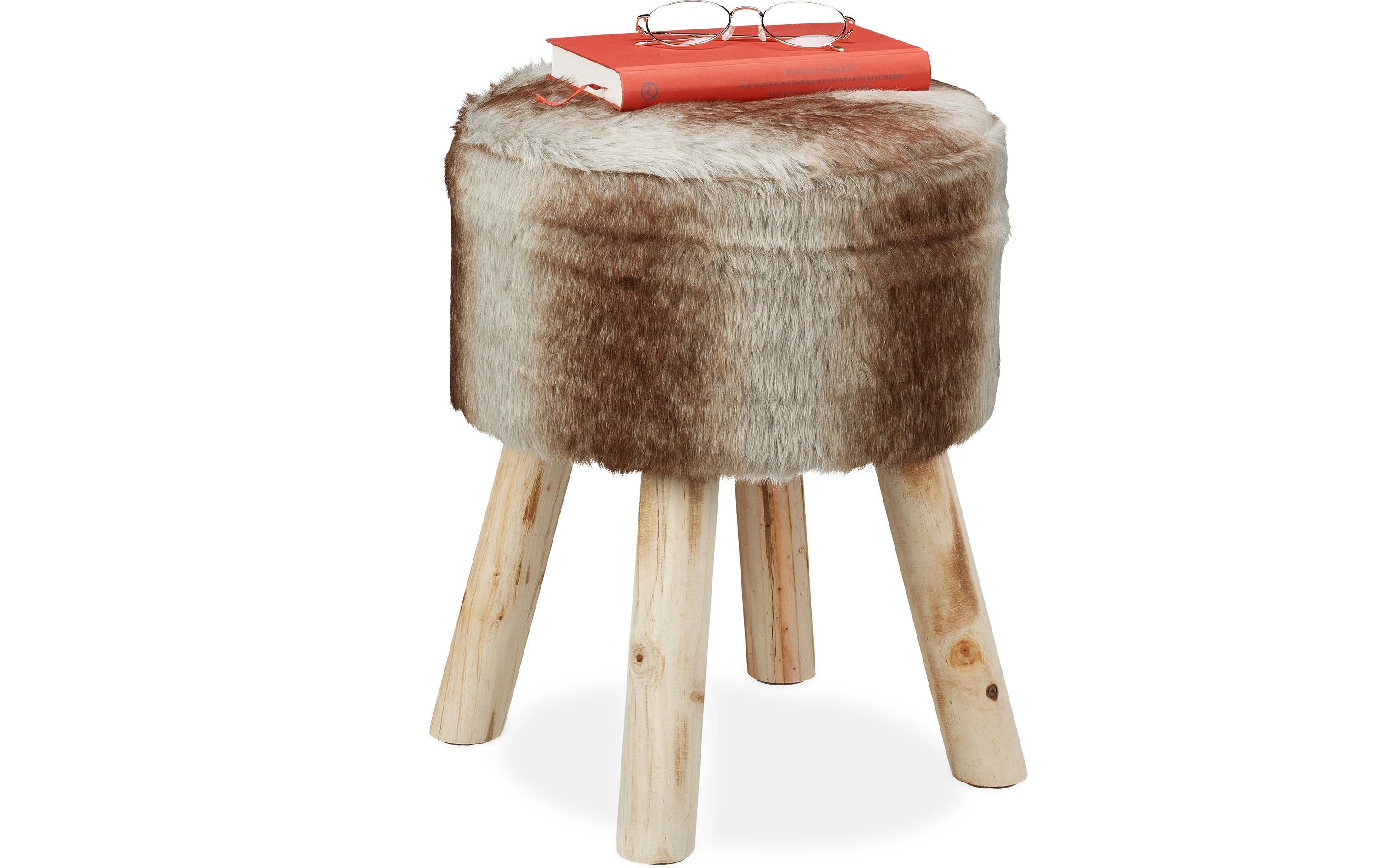 relaxdays Sitzhocker mit Fell MDF/Kiefer, 42 x 33 cm