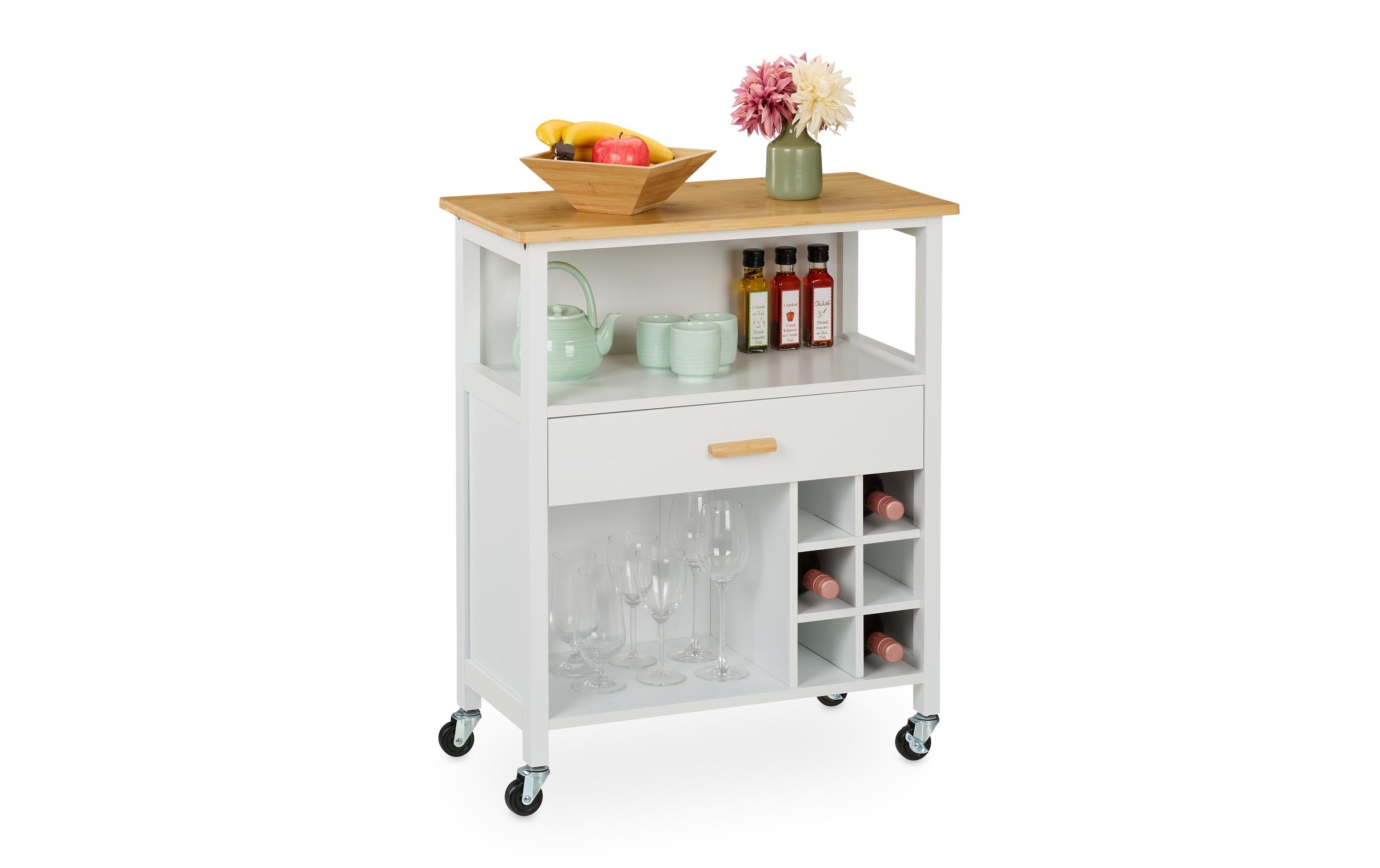 relaxdays Küchenwagen mit Weinregal MDF, Bambus, 80x65x35 cm, Weiss