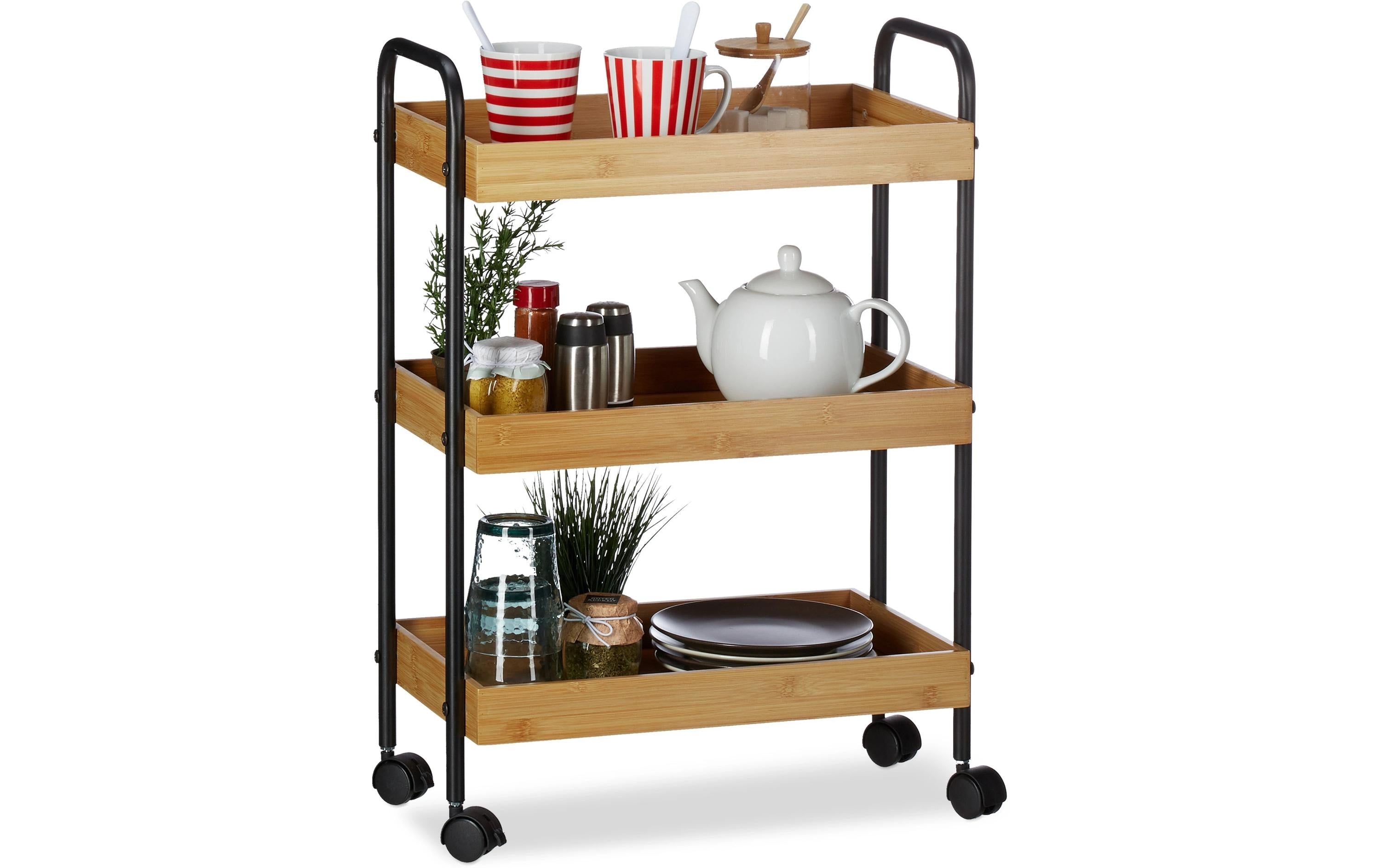 relaxdays Servierwagen mit 3 Ablagen Bambus, 70 x 50 x 28 cm