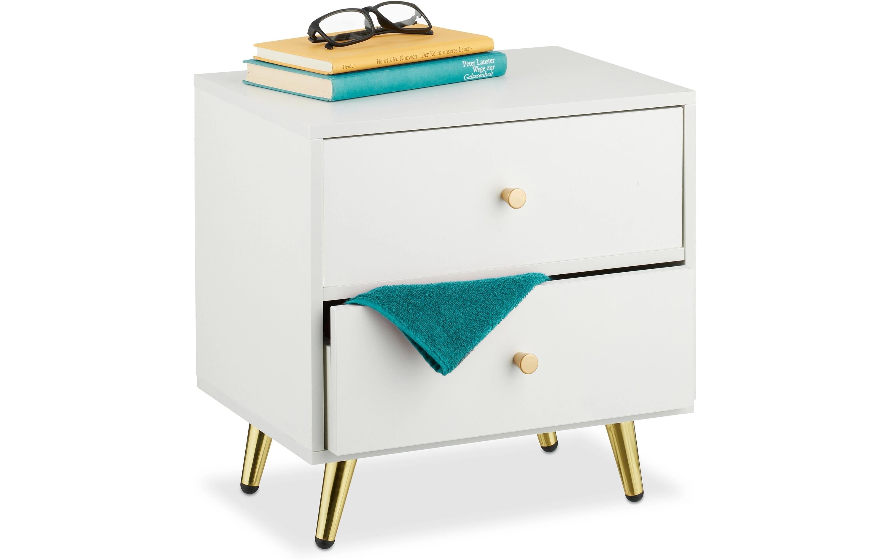 relaxdays Nachttisch mit goldenen Beinen MDF, 41,5 x 40 x 32,5 cm