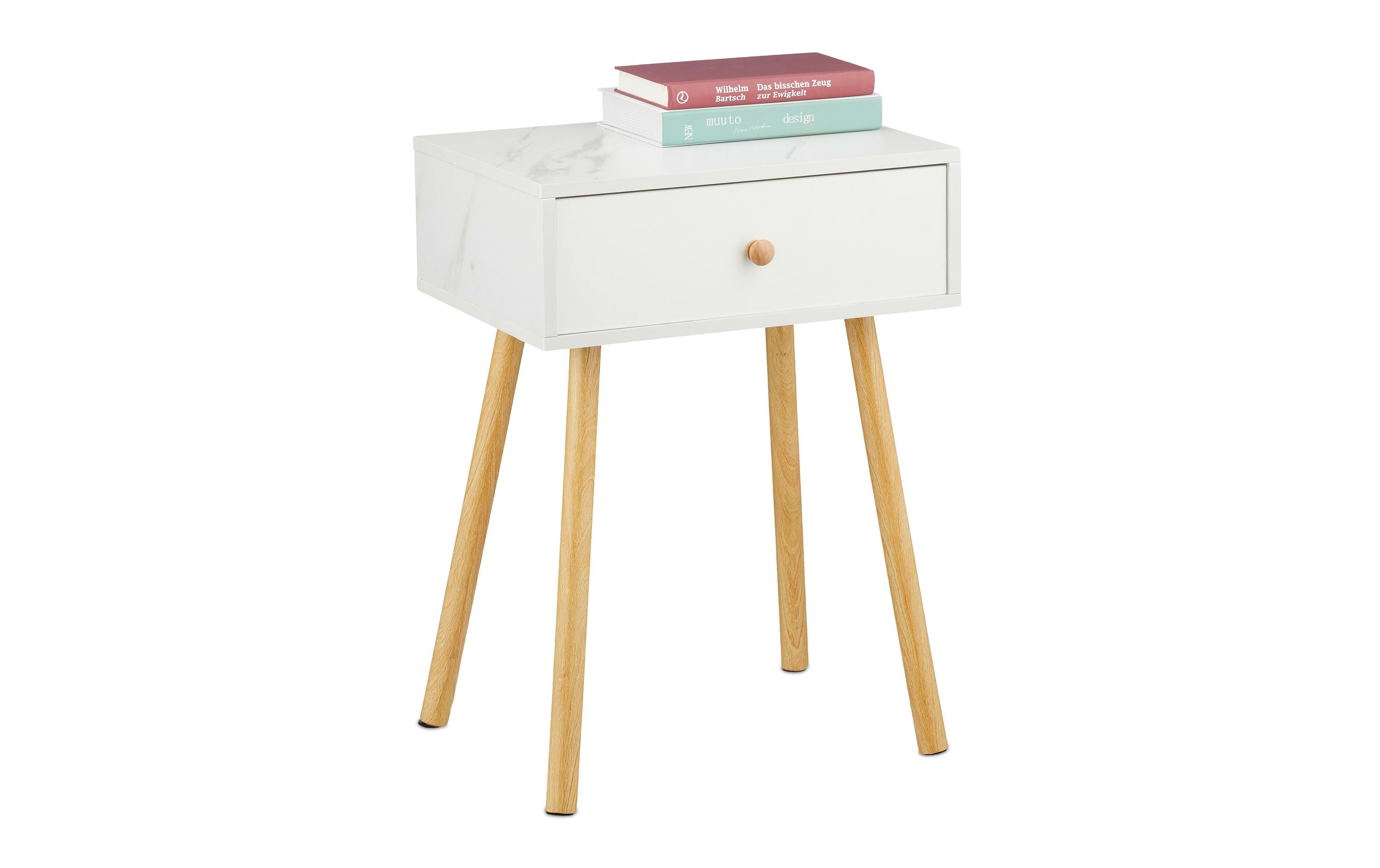 relaxdays Nachttisch Marmoroptik MDF/Kiefern, 55 x 40 x 32 cm