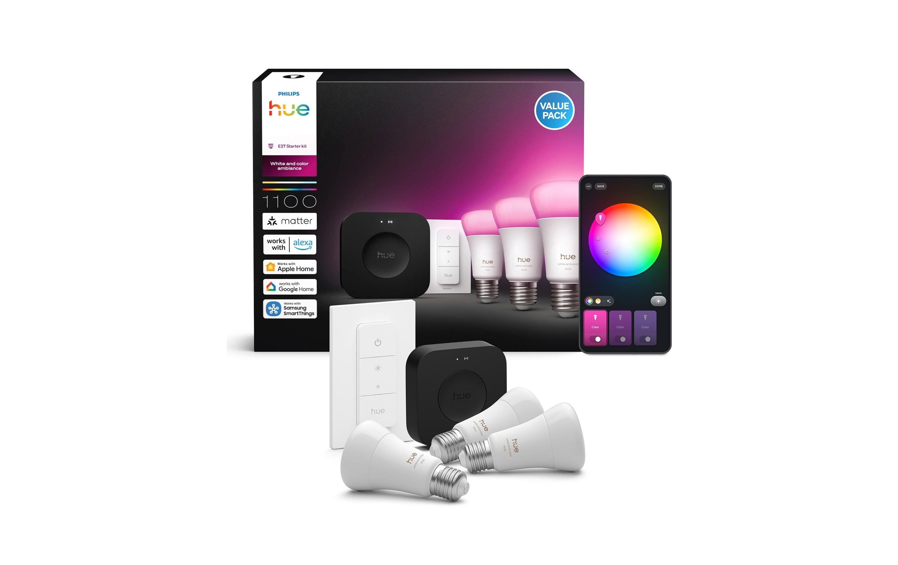 Philips Hue White & Col. Amb. E27 3er Set inkl. Dimmer Switch + Bridge V3