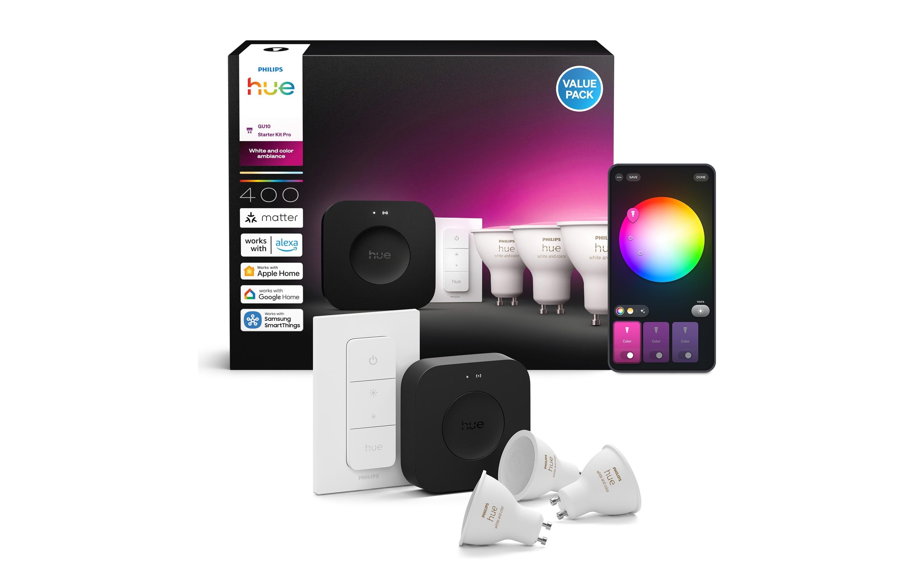 Philips Hue White & Col. Amb. GU10 3er Set inkl. Dimmer Switch + Bridge V3