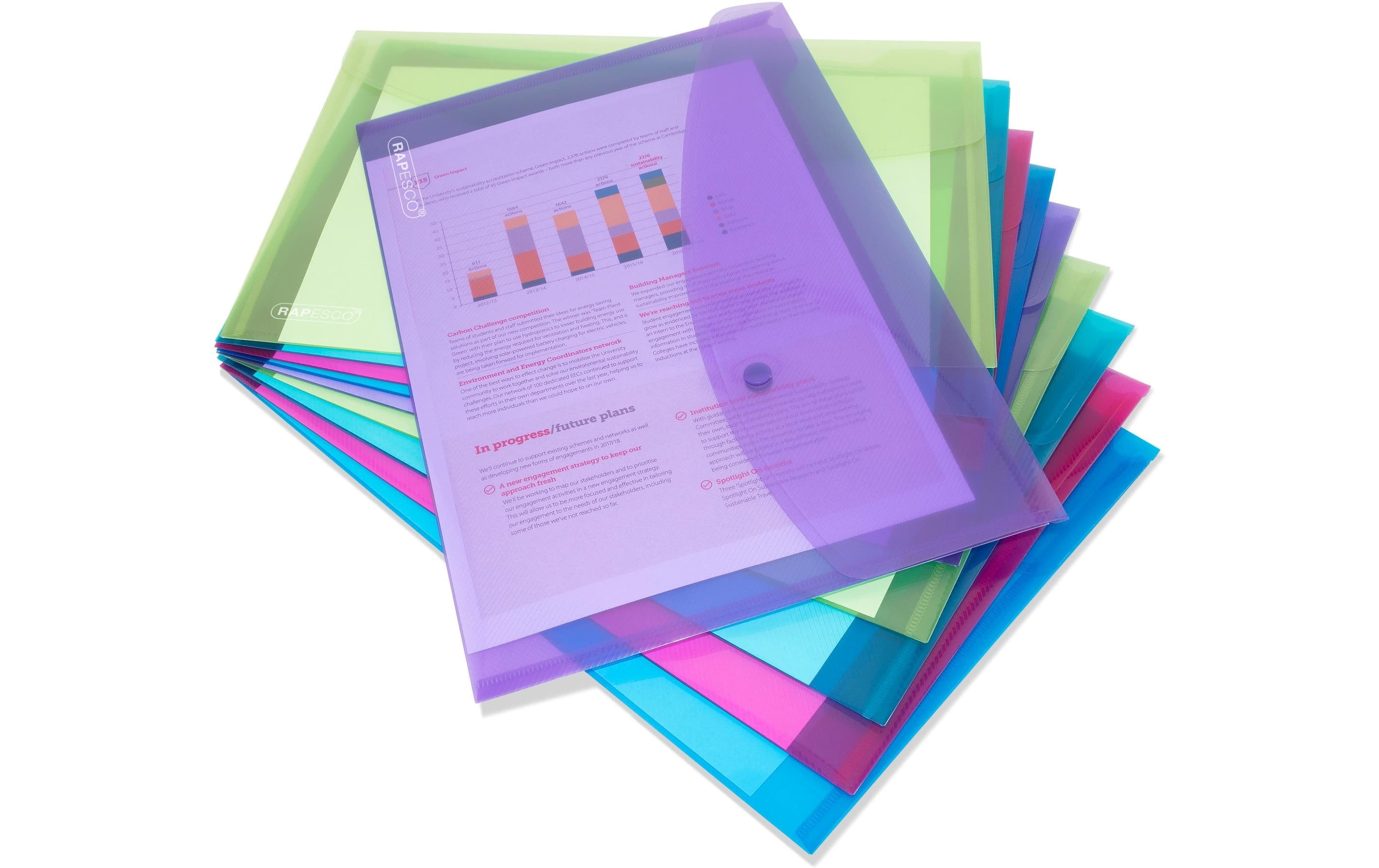 Rapesco Eco Dokumententasche A4+ transparente Farben assortiert, 10 Stück
