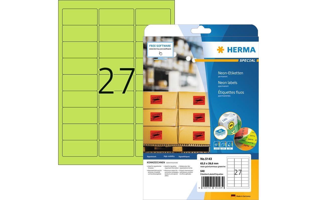 Herma Neonetiketten 5143 63,5 x 29,6 mm, neon-grün, 540 Stück