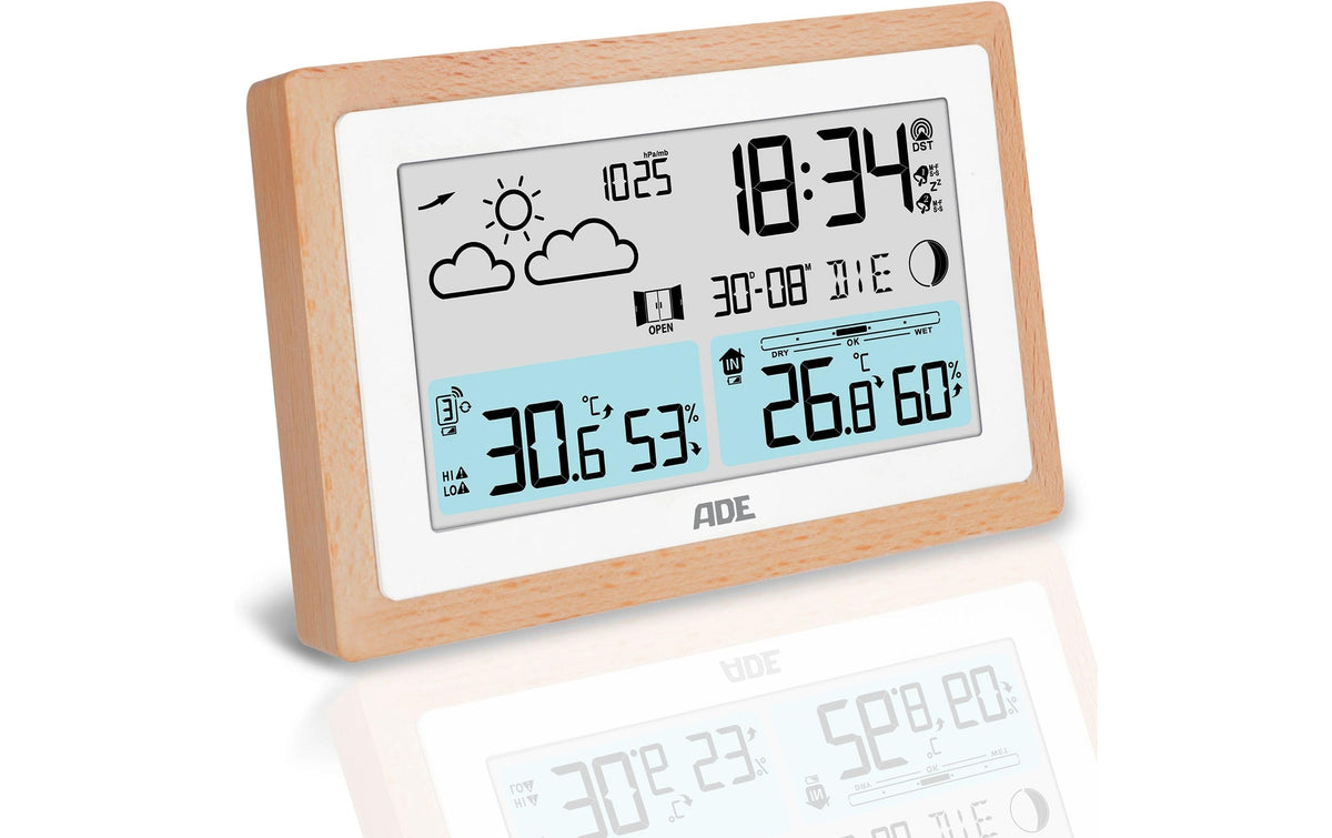 ADE Wetterstation mit Funk-Aussensensor Holz/weiss, mit DCF-Funkuhr inkl. Netzteil