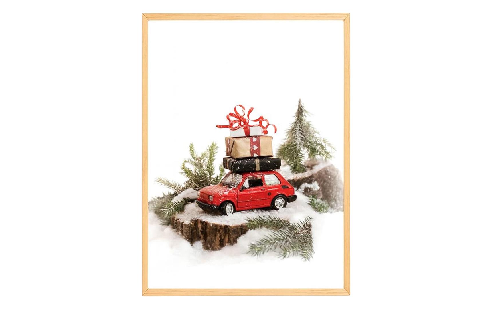 Wallxpert Weihnachtsbild "Auto/Geschenke" 33x48 cm, 100% MDF, mit Holzrahmen