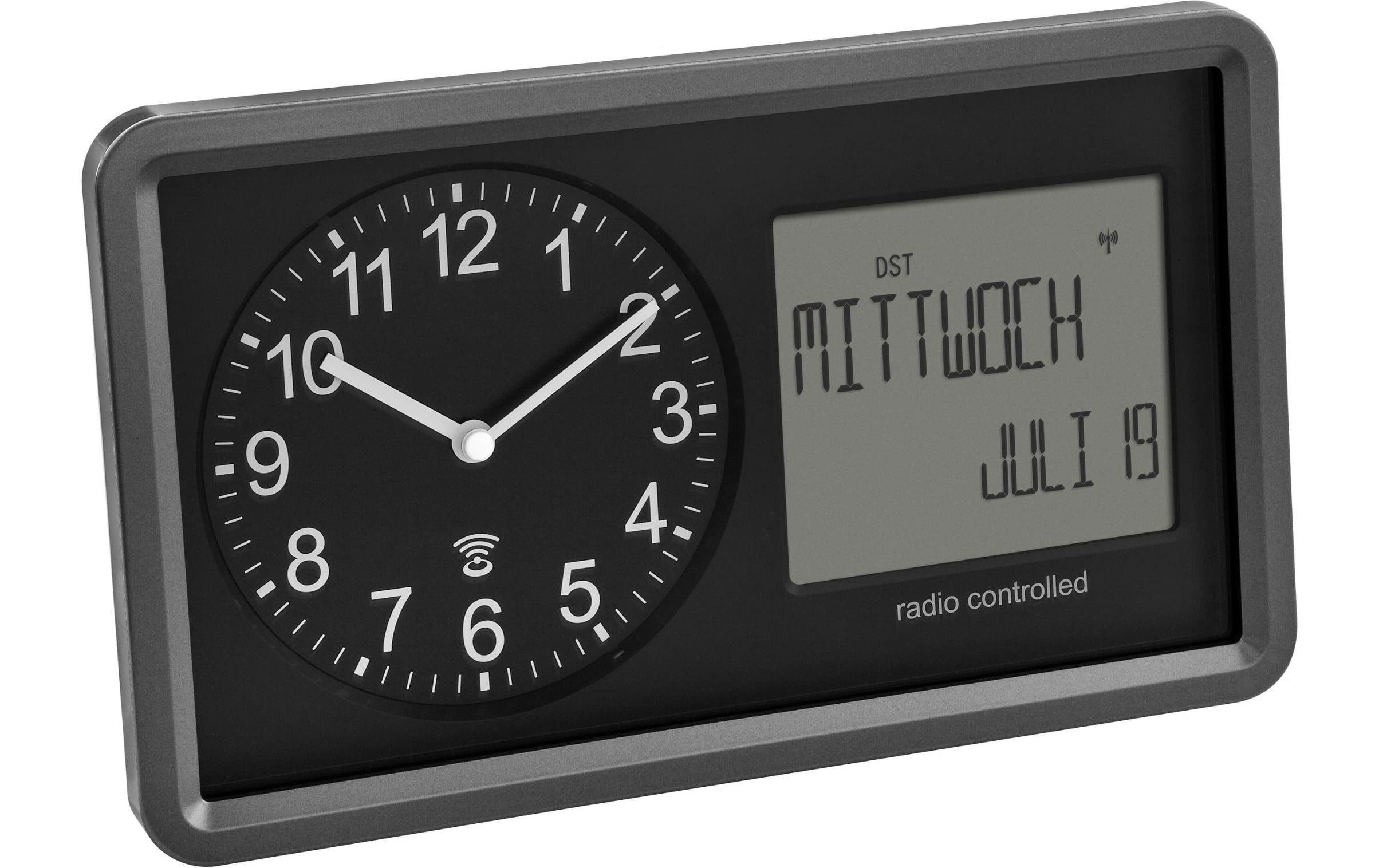 TFA Analoge Funkuhr mit digitalem Kalender ohne Batterie