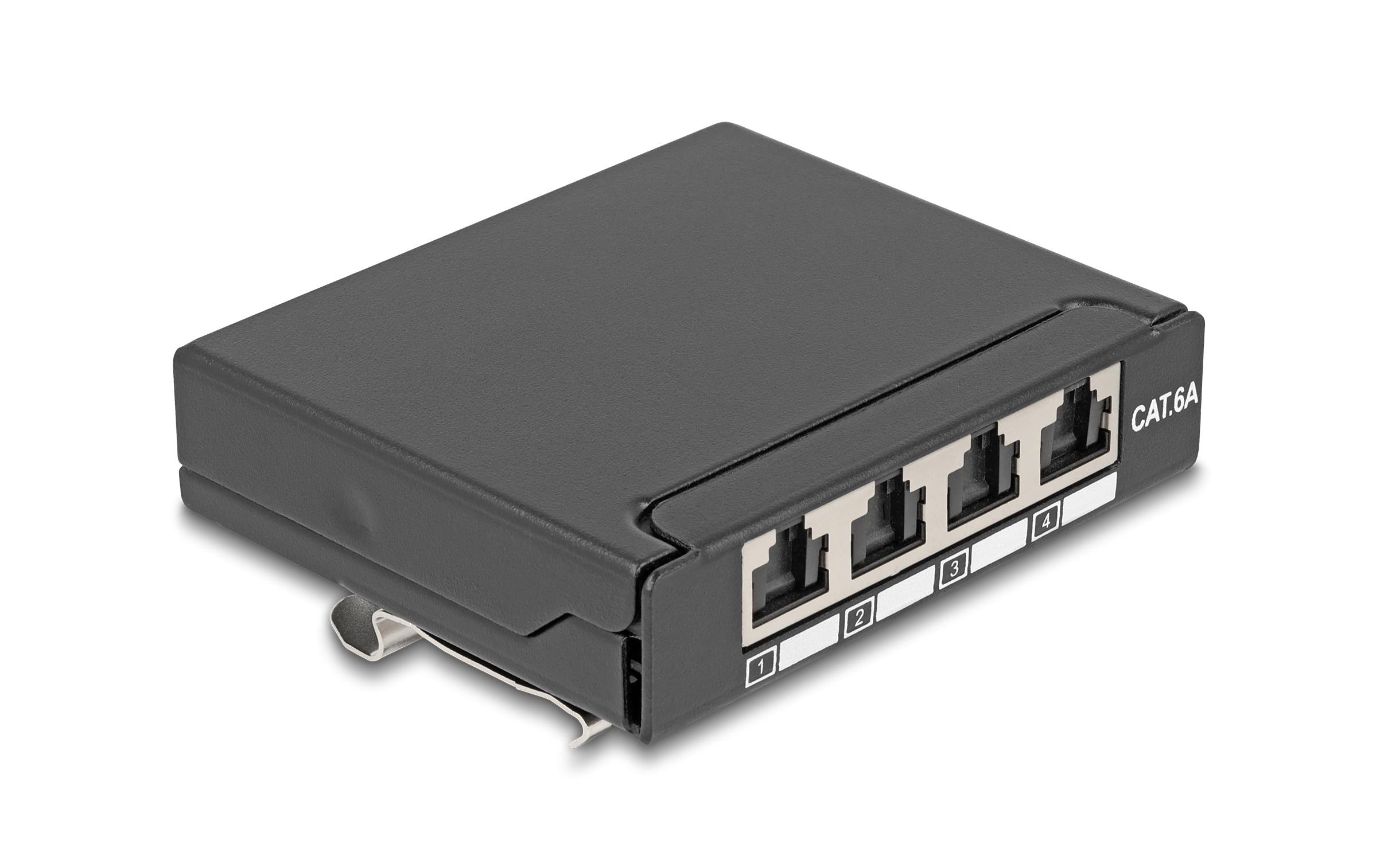 Delock Patchpanel 4 Port, Cat.6A, LSA Schwarz, Tisch/Wand/Hutschienenmontage