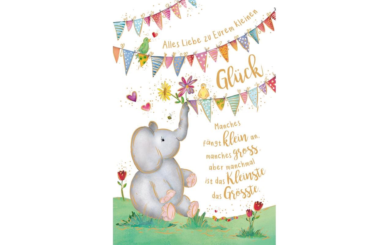 ABC Geburtskarte, spielender Elefant Format B6, 115 x 173 mm, mit Couvert