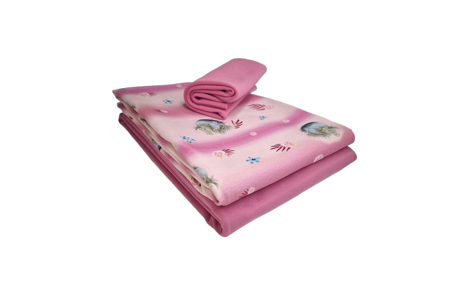 Stoff-Set Jersey Pferd rosa 2x1m Stoff, 0.5m Bund