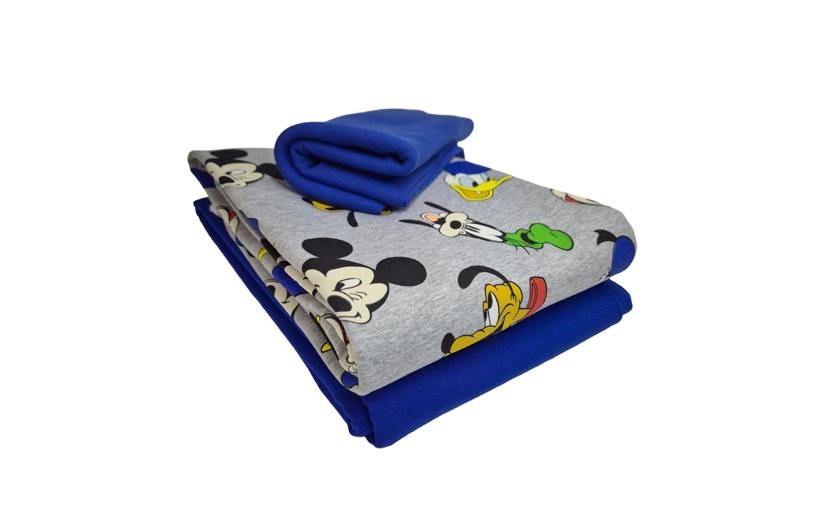 Stoff-Set French Terry Mickey Mouse blau, 2x1m Stoff, 1m Bund