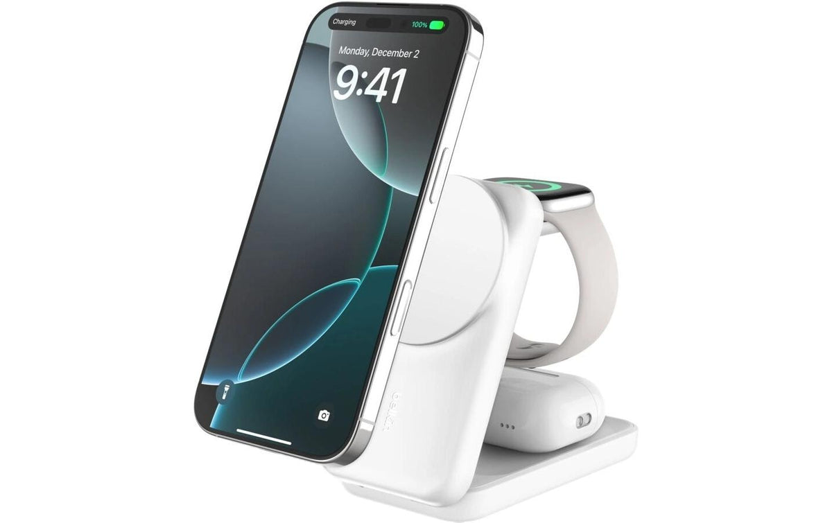 Belkin UltraCharge 3-in-1 Ladestation Qi2 (25W), Faltbar, Magnetisch, Weiss