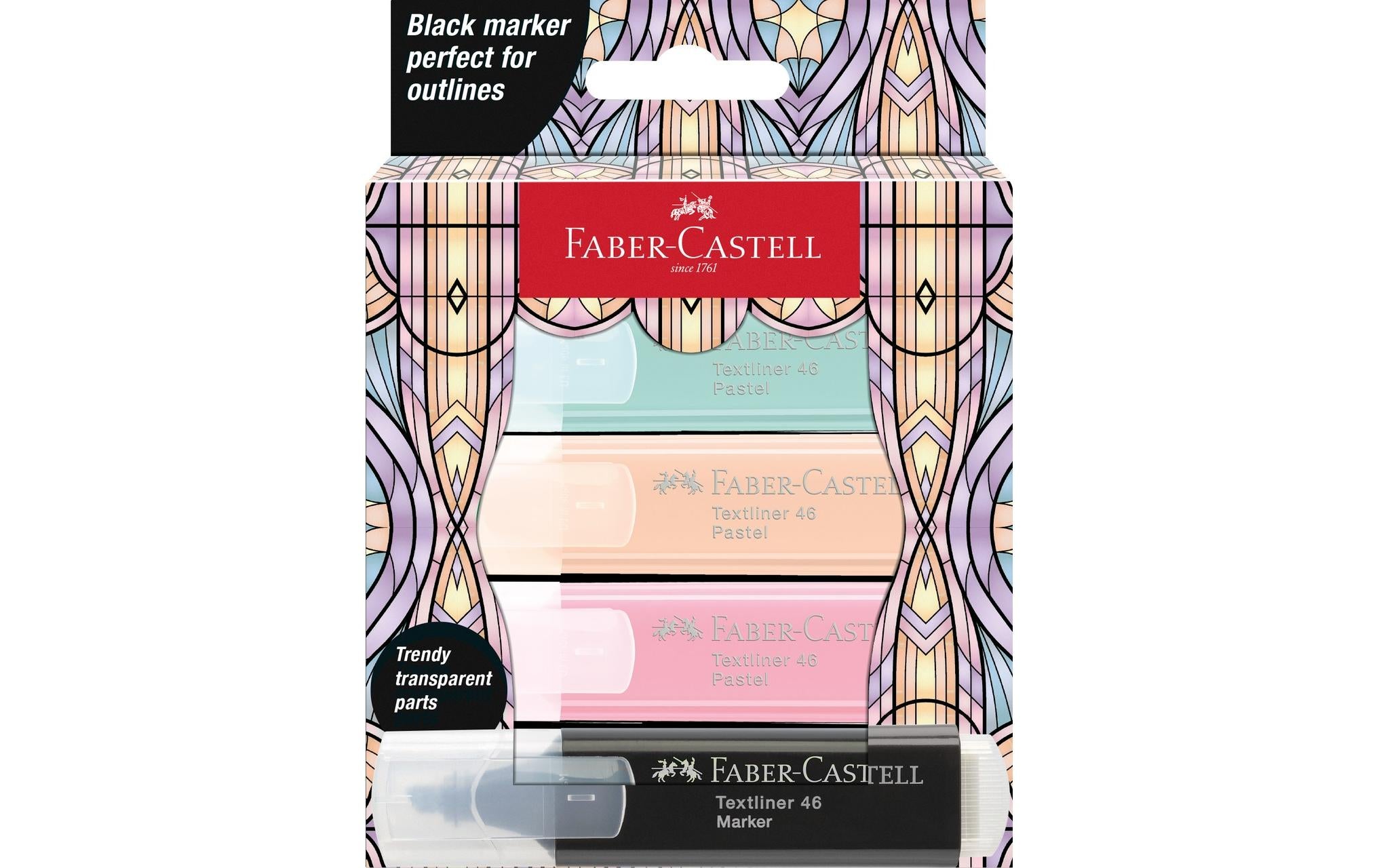 Faber-Castell Textmarker 46 Glassy Pastell Keilspitze 1-5mm, 4er Etui, Karton