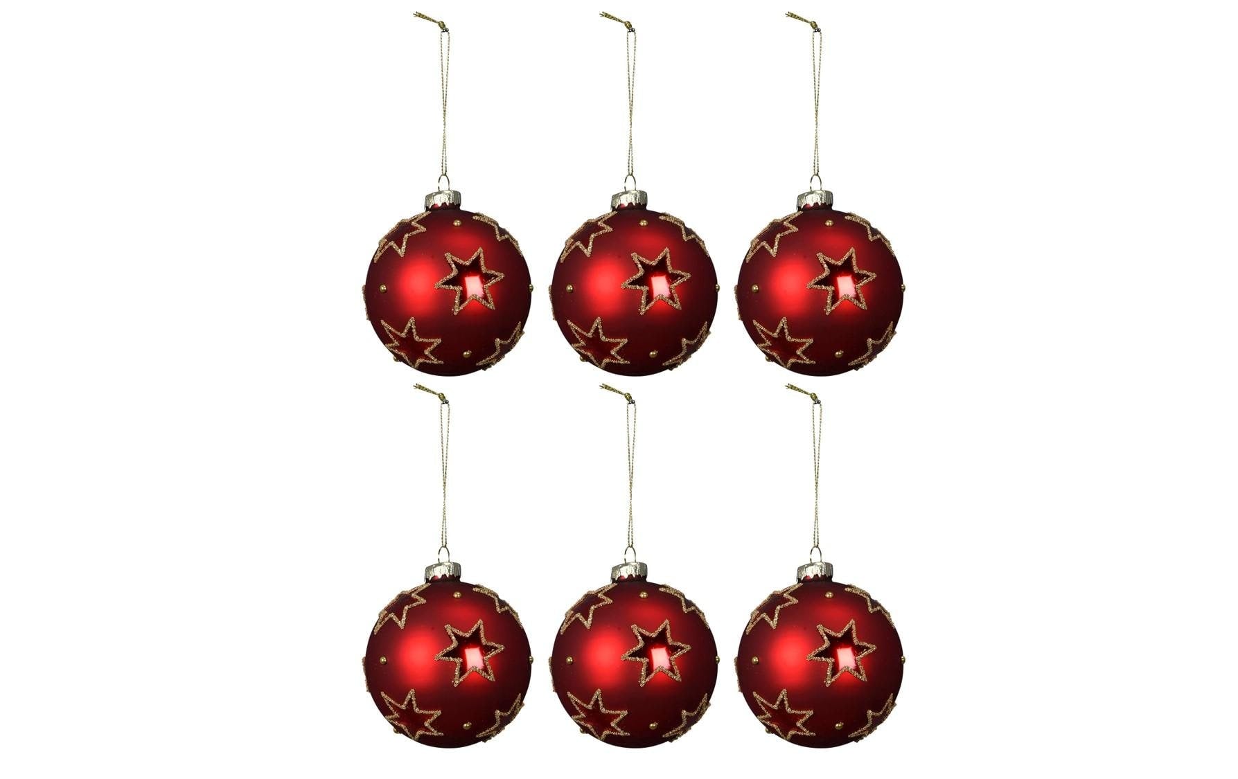COCON Xmaskugeln rot Stern, Box à 6 Stk. Glas, D8cm + Hänger 8cm