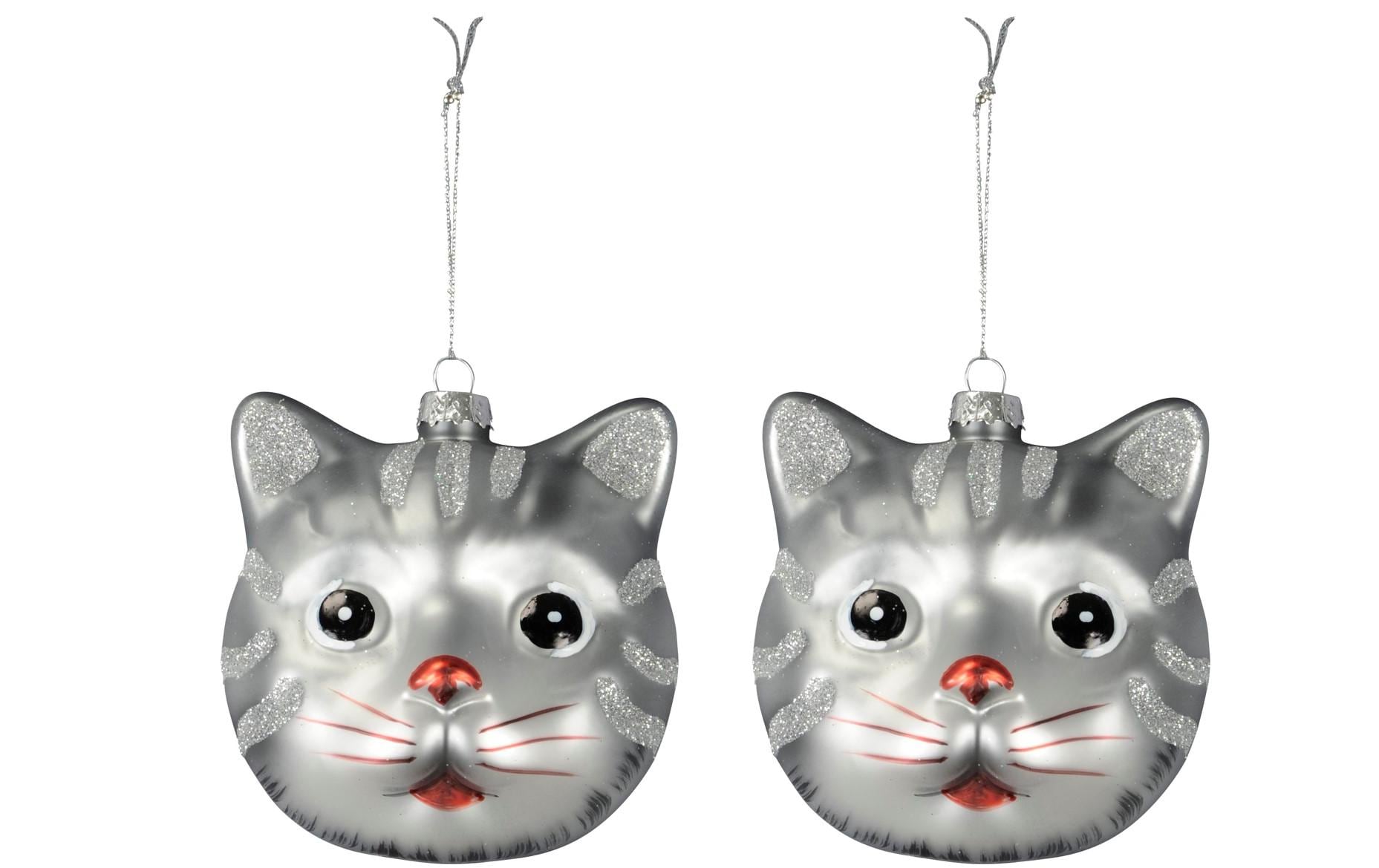COCON Xmas Hänger Katze, Box à 2 Stk. grau, Glas, 8x9x10cm + Hänger 7cm