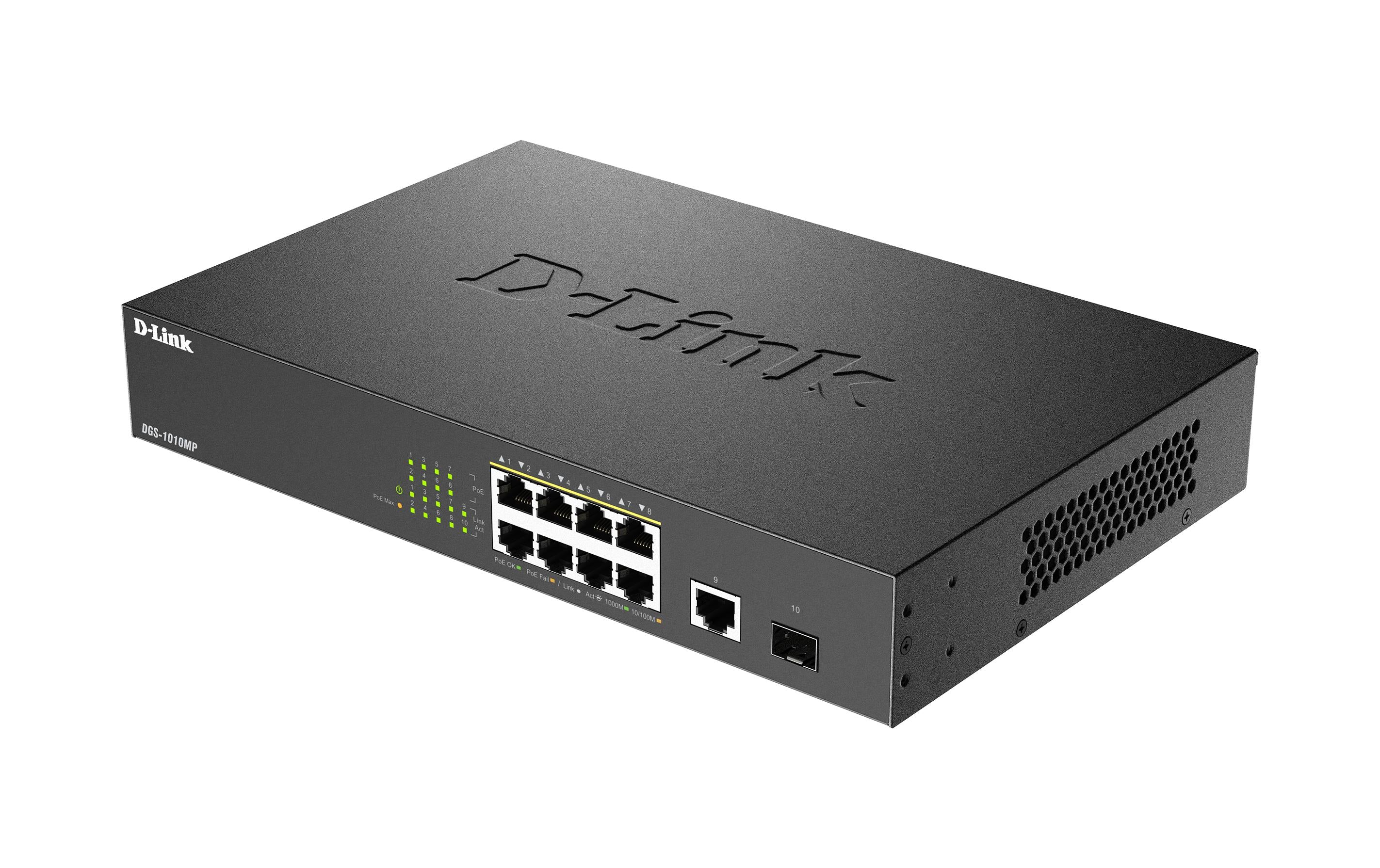 D-Link DGS-1010MP/E: 10 Port PoE+ Switch 8x 1G PoE+, 1x 1G, 1x SFP