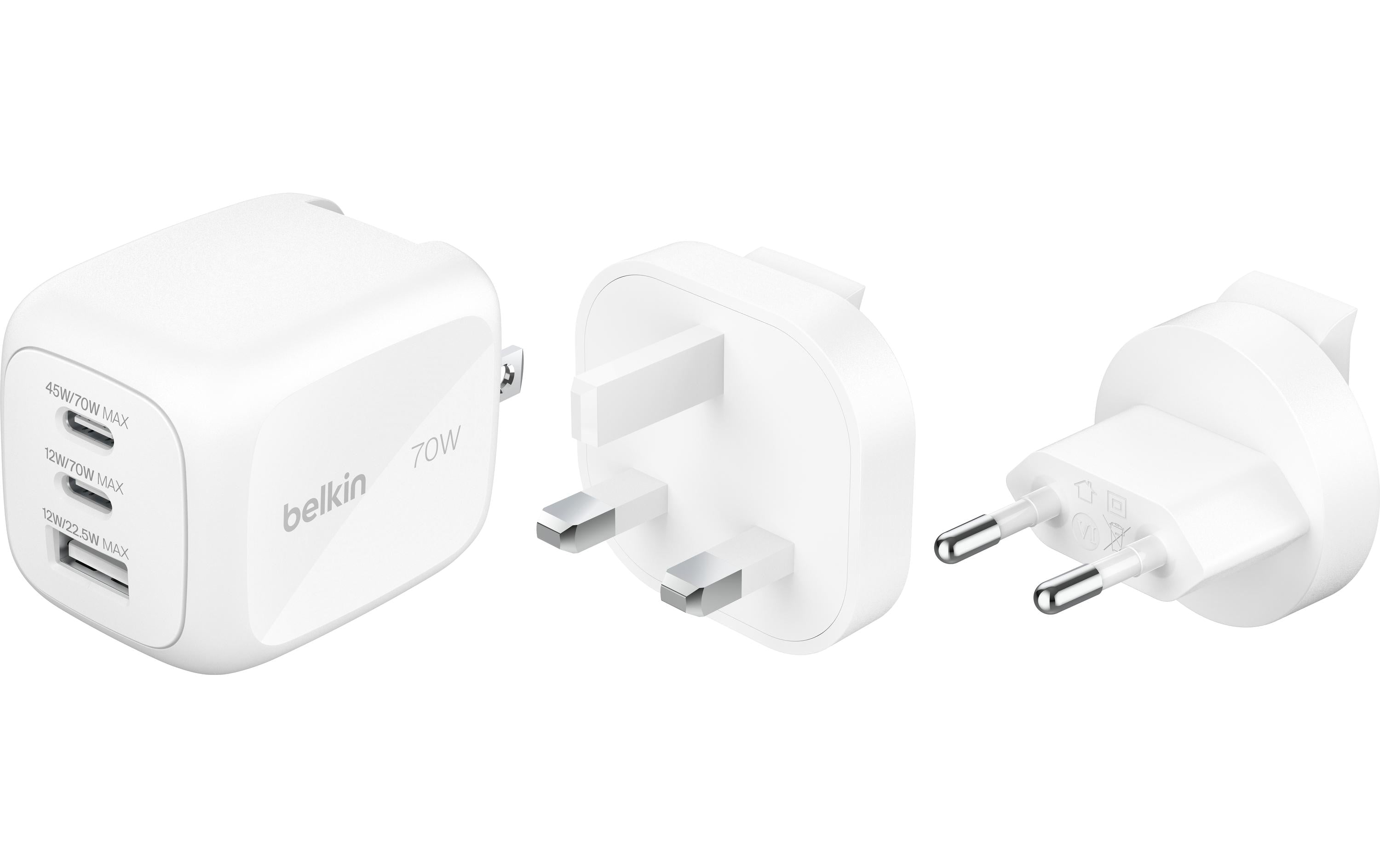 Belkin BoostCharge Ladegerät mit Steckertip 2x USB-C, 1x USB-A, steckertipps UK, EU, US