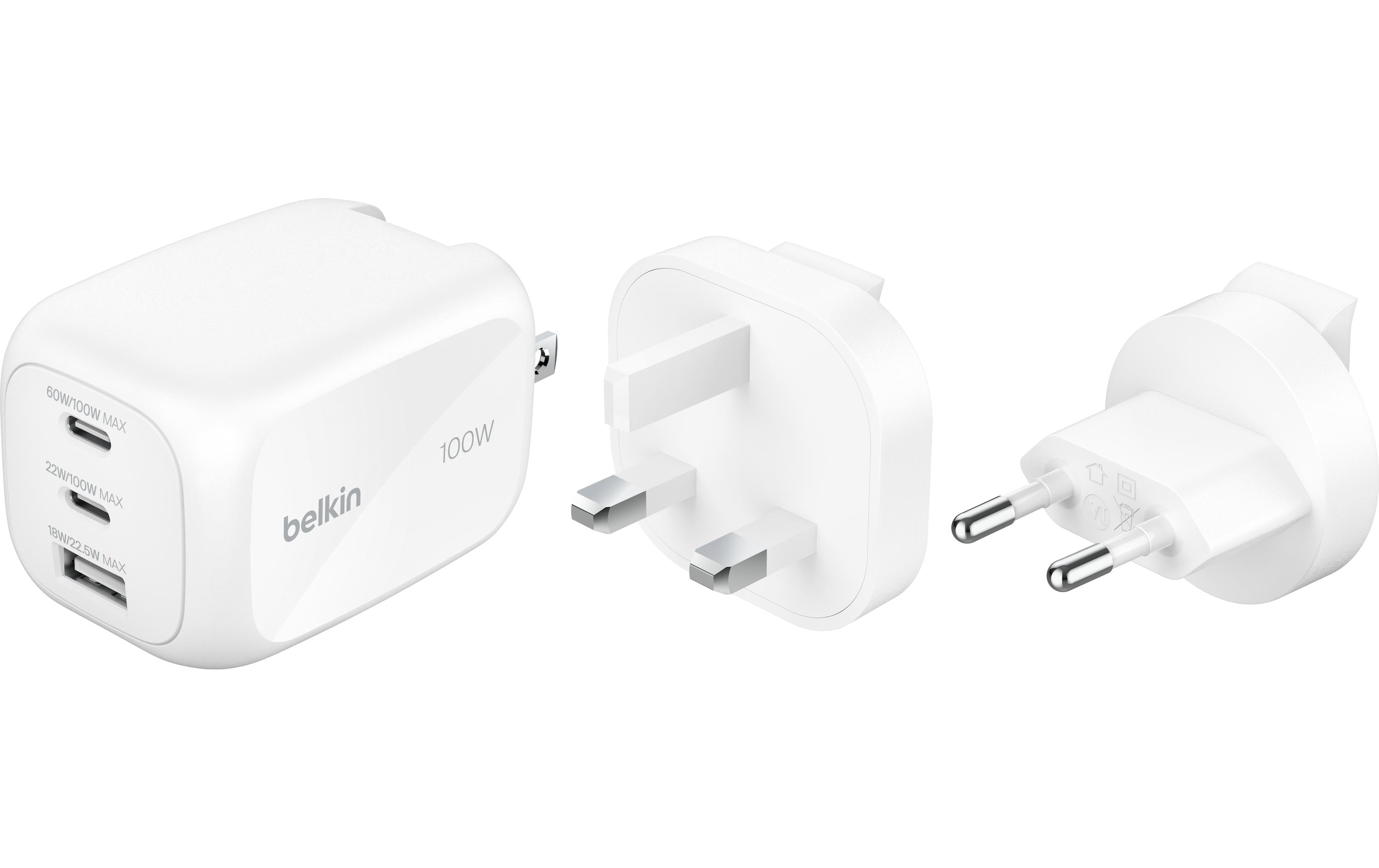 Belkin BoostCharge Ladegerät mit Steckertip 2x USB-C, 1x USB-A, steckertipps UK, EU, US