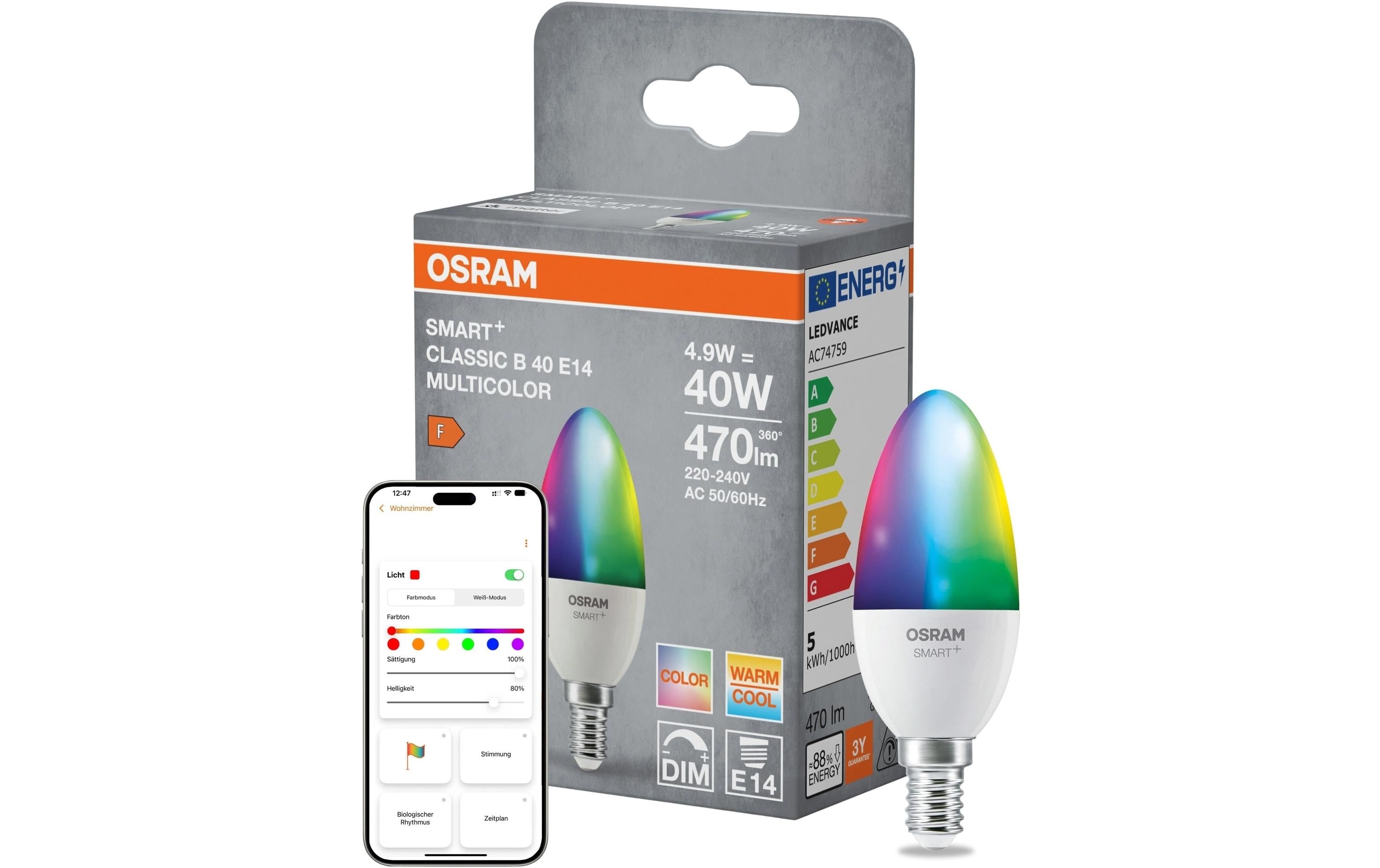 Osram SMART+ MATTER Classic B40 4.9W 827-865 Multicolor E14
