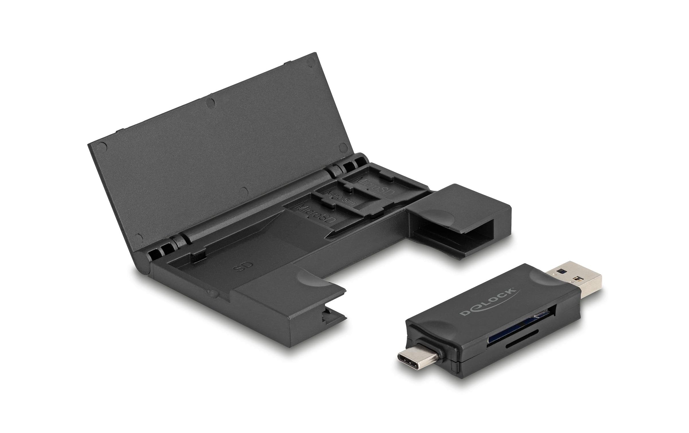Delock USB-C und A Card Reader, 5Gbps für SD & Micro SD, mit Speicherkarten Etui