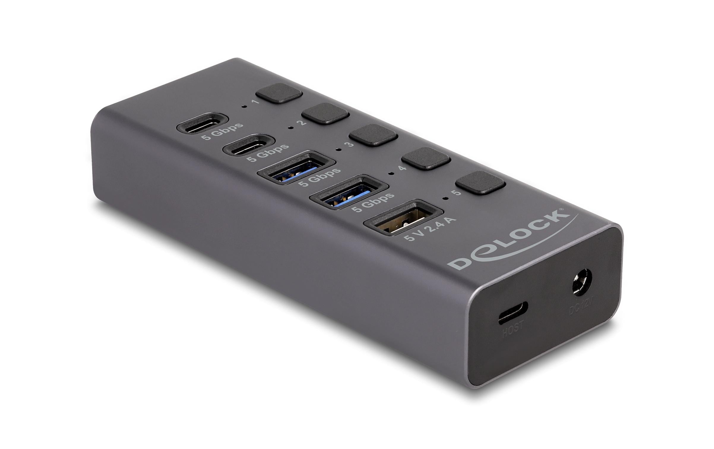 Delock USB-C Hub, 4+1 Port, schaltbar 2xUSB-C 3.2, 2xUSB-A 3.2, 1xUSB-A nur DC
