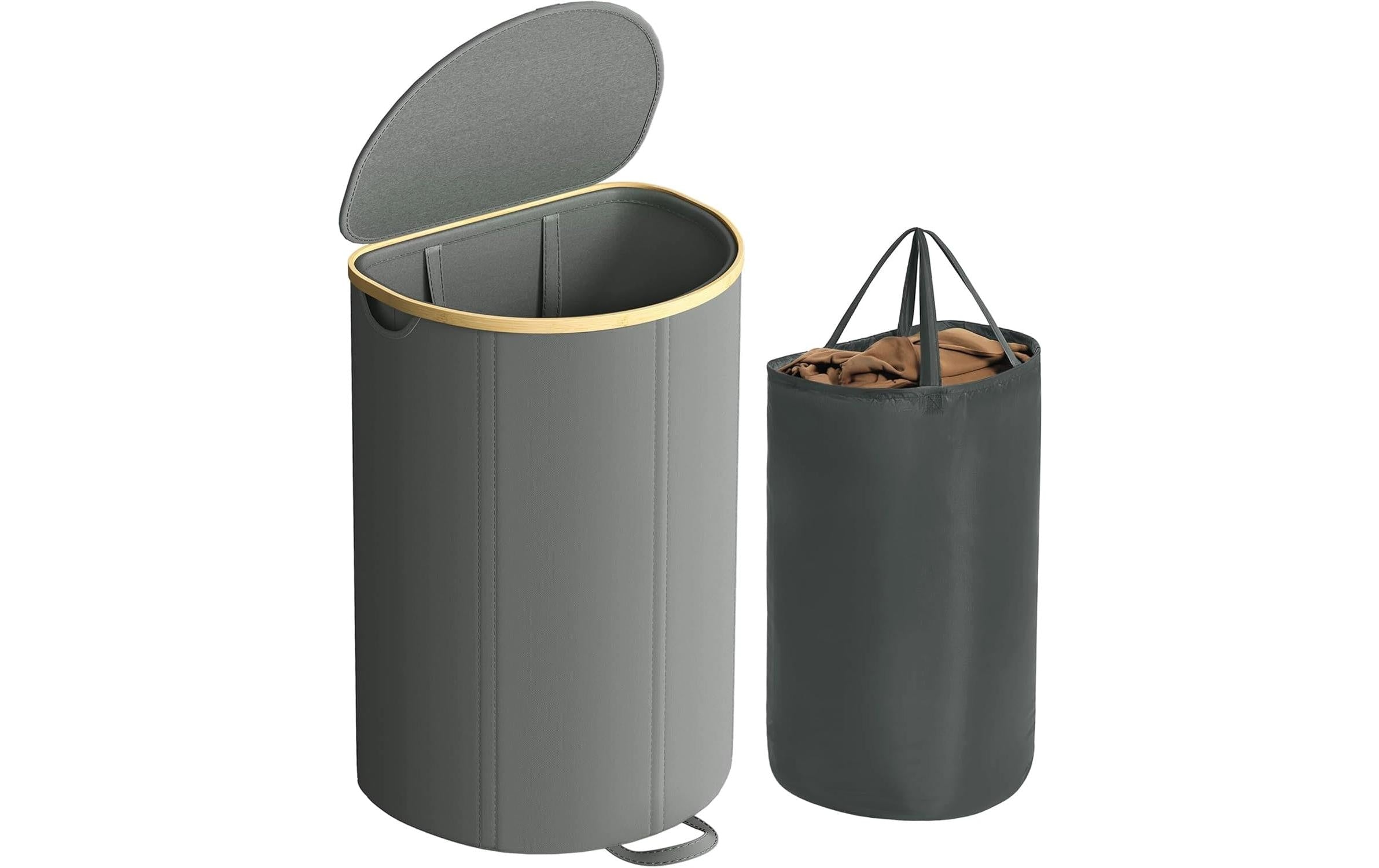 Songmics Wäschekorb Grau 42.5x32.5x75 cm, Bambus, Textil