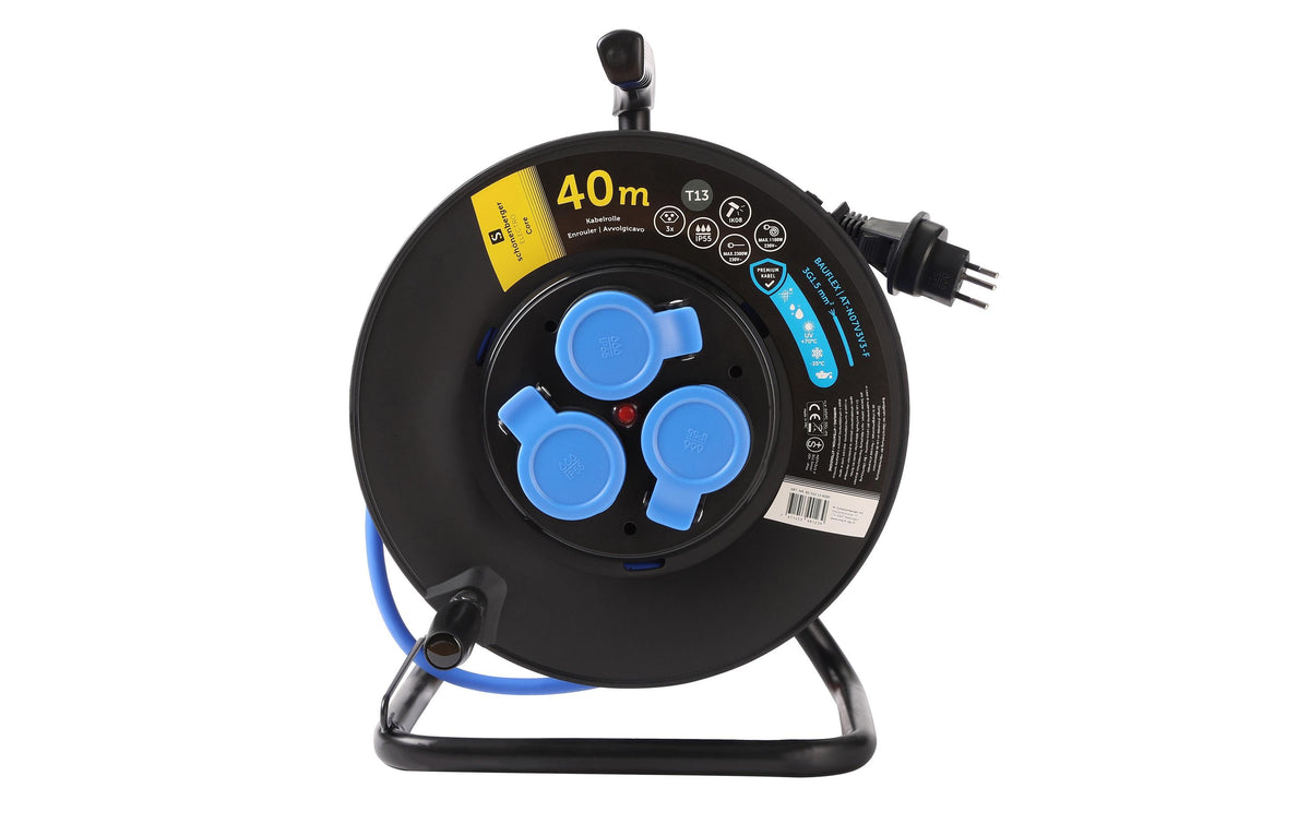Kabelrolle Kunststoff T13 IP55 40m BAUFLEX N07V3V3-F 3G1.5mm2 3xT13 Steckdosen IK08