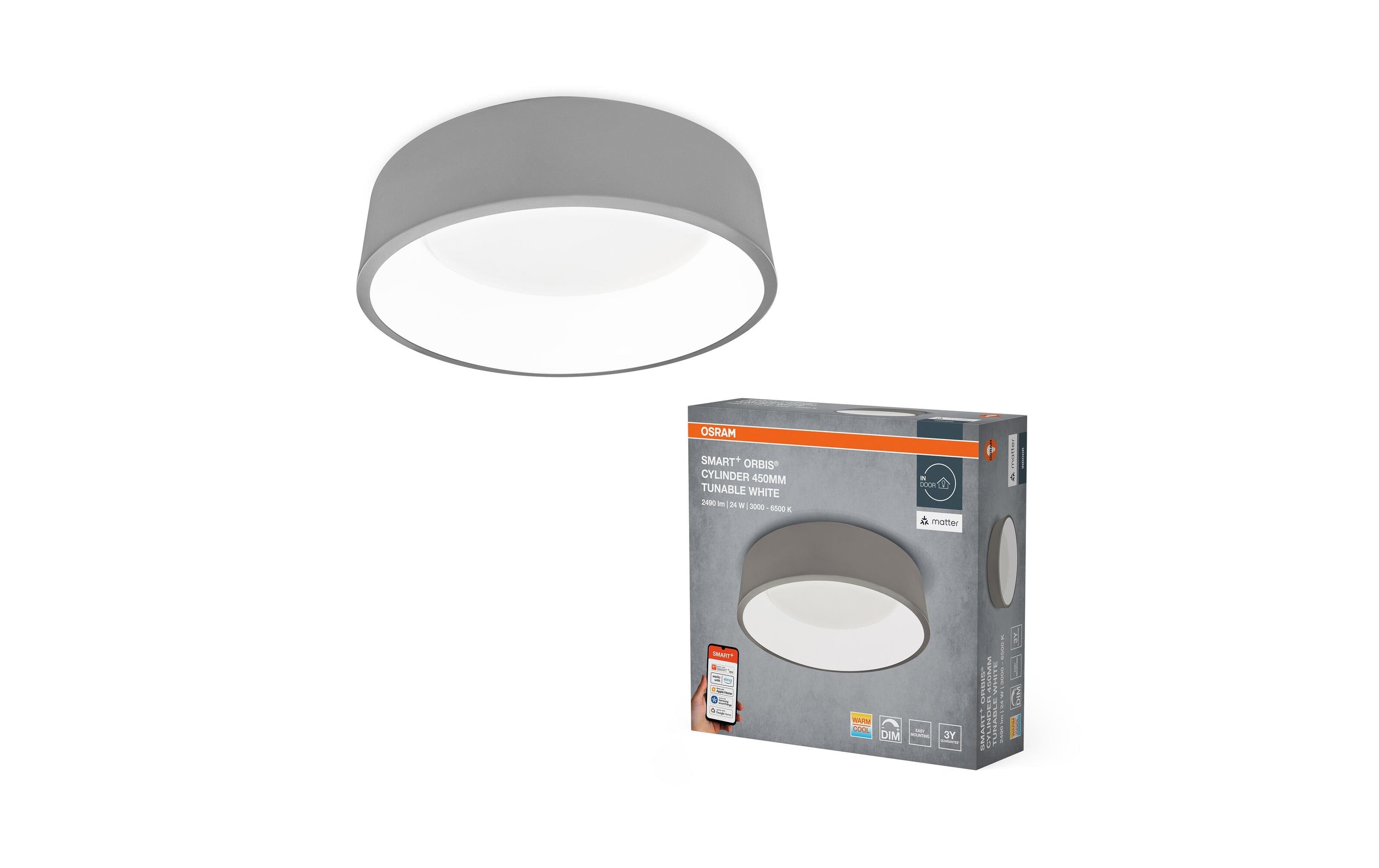 Osram SMART+ Ceiling Cylinder Cylinder Grey CCT metal WIFI APP 450mm 24w
